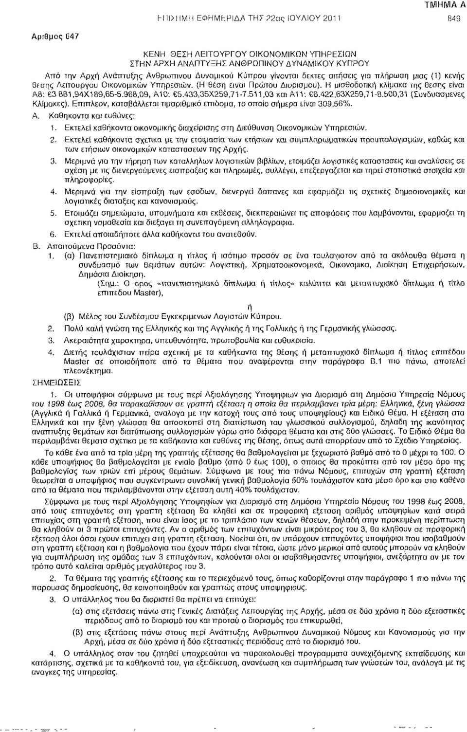 (!) κενής θέσης Λειτουργού Οικονομικών Υπηρεσιών. {Η θέση είναι Πρώτου Διορισμού). Η μισθοδοτική κλίμακα της θέσης είναι A3-. 3 8S1,94X189,65-5.968,09, Α10: 65.433,35X259,71-7.511,03 και Α1V. 6.422,63X259,71-8.