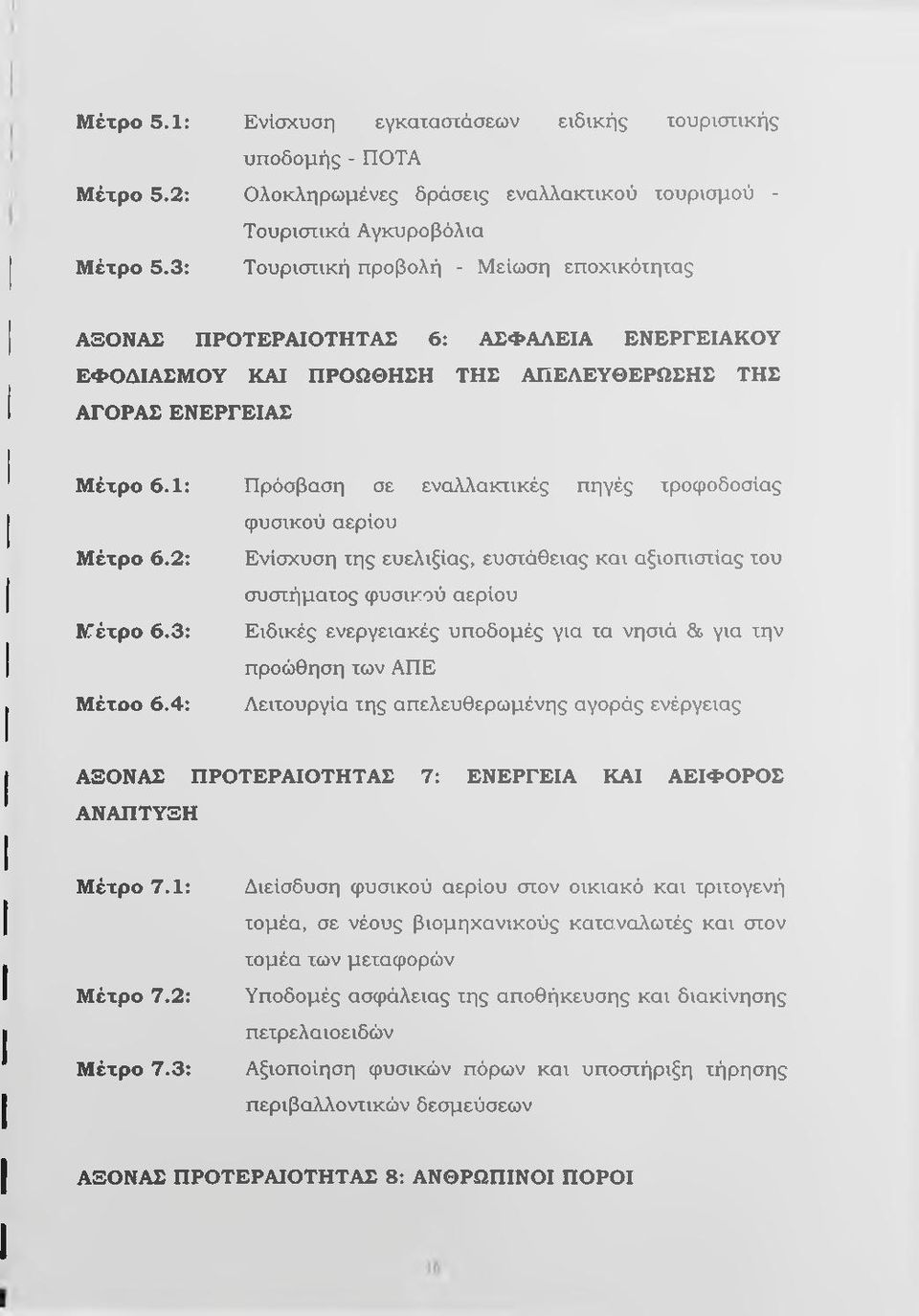 1: Πρόσβαση σε εναλλακτικές πηγές τροφοδοσίας φυσικού αερίου Μέτρο 6.2: Ενίσχυση της ευελιξίας, ευστάθειας και αξιοπιστίας του συστήματος φυσικού αερίου Μέτρο 6.