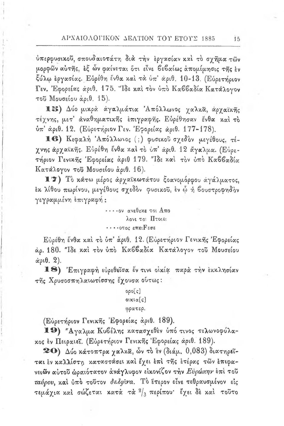 1 5 ) Δύο μικρά αγαλμάτια Απόλλωνος χαλκά, αρχαϊκής τέχνης, μετ αναθηματικής επιγραφής. Ευρέθησαν ένθα και τ ο υπ α ριθ. 12. (Ευρετήριον Γεν. Εφορείας αριθ. 177-178).