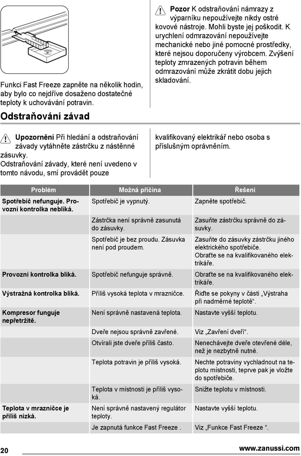 Odstraňování závady, které není uvedeno v tomto návodu, smí provádět pouze Pozor K odstraňování námrazy z výparníku nepoužívejte nikdy ostré kovové nástroje. Mohli byste jej poškodit.