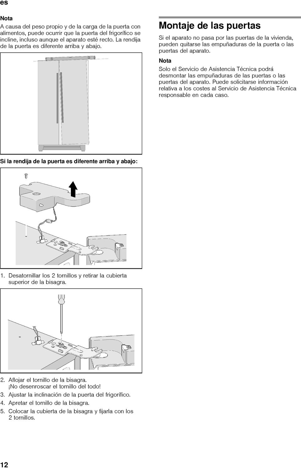 Montaje de las puertas Si el aparato no pasa por las puertas de la vivienda, pueden quitarse las empuñaduras de la puerta o las puertas del aparato.