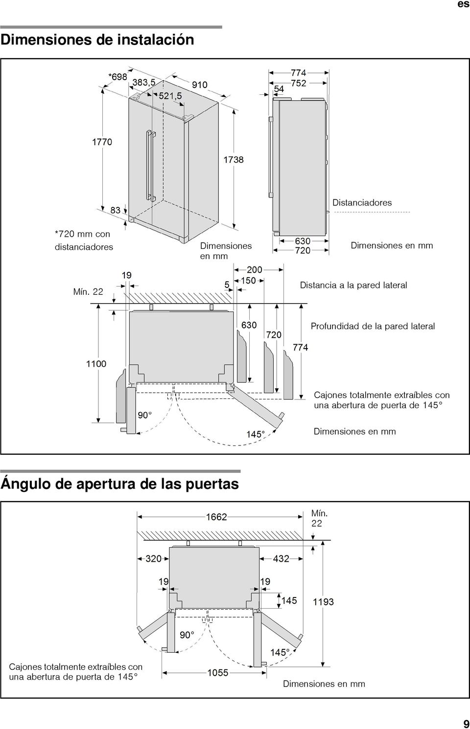 22 Distancia a la pared lateral Profundidad de la pared lateral Cajones totalmente extraíbles