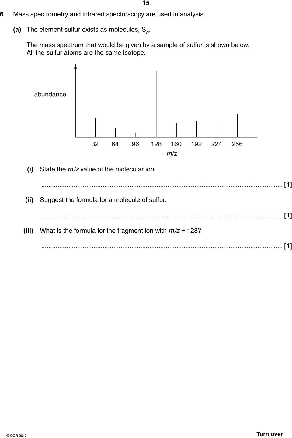 The mass spectrum that would be given by a sample of sulfur is shown below.