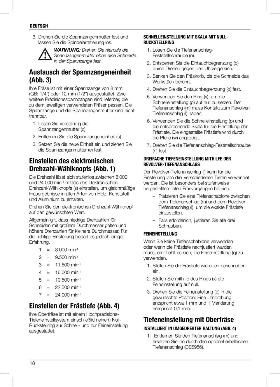Zwei weitere Präzisionsspannzangen sind lieferbar, die zu dem jeweiligen verwendeten Fräser passen. Die Spannzange und die Spannzangenmutter sind nicht trennbar. 1.
