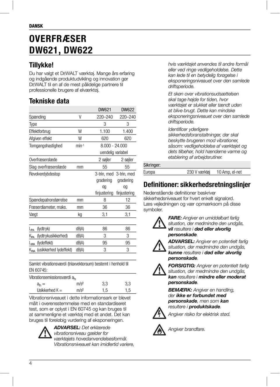 Tekniske data DW621 DW622 Spænding V 220 240 220 240 Type 3 3 Effektforbrug W 1.100 1.400 Afgiven effekt W 620 620 Tomgangshastighed min -1 8.000-24.