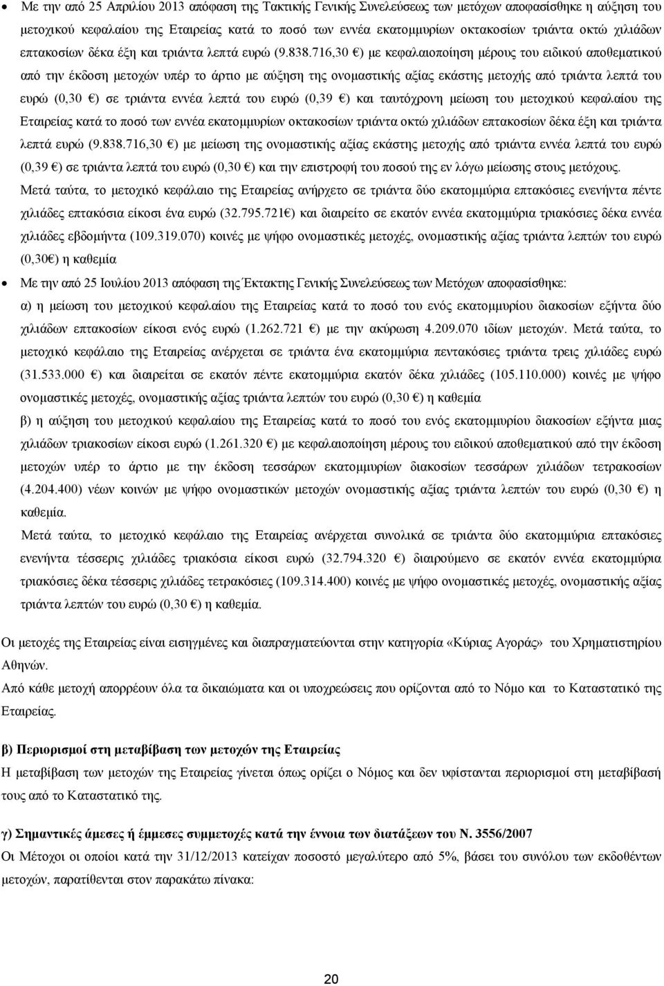 716,30 ) με κεφαλαιοποίηση μέρους του ειδικού αποθεματικού από την έκδοση μετοχών υπέρ το άρτιο με αύξηση της ονομαστικής αξίας εκάστης μετοχής από τριάντα λεπτά του ευρώ (0,30 ) σε τριάντα εννέα