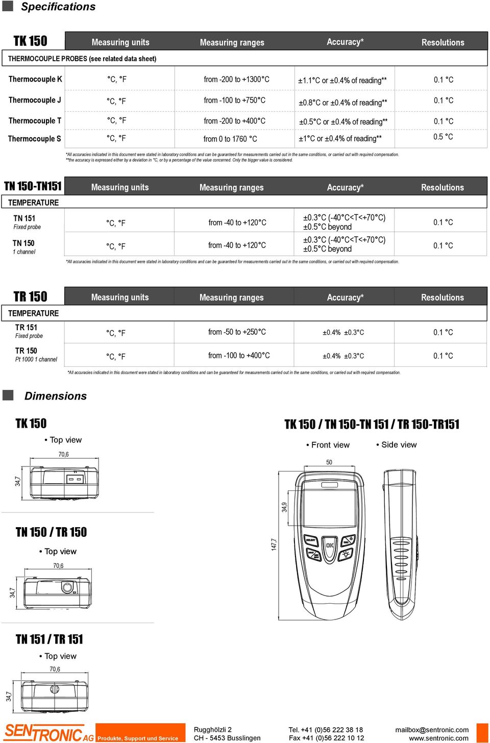 Only the bigger value is considered. TN 150-TN151 TEMPERATURE TN 151 Fixed probe TN 150 1 channel from -40 to +120 C from -40 to +120 C ±0.3 C (-40 C<T<+70 C) ±0.5 C beyond ±0.3 C (-40 C<T<+70 C) ±0.5 C beyond 0.