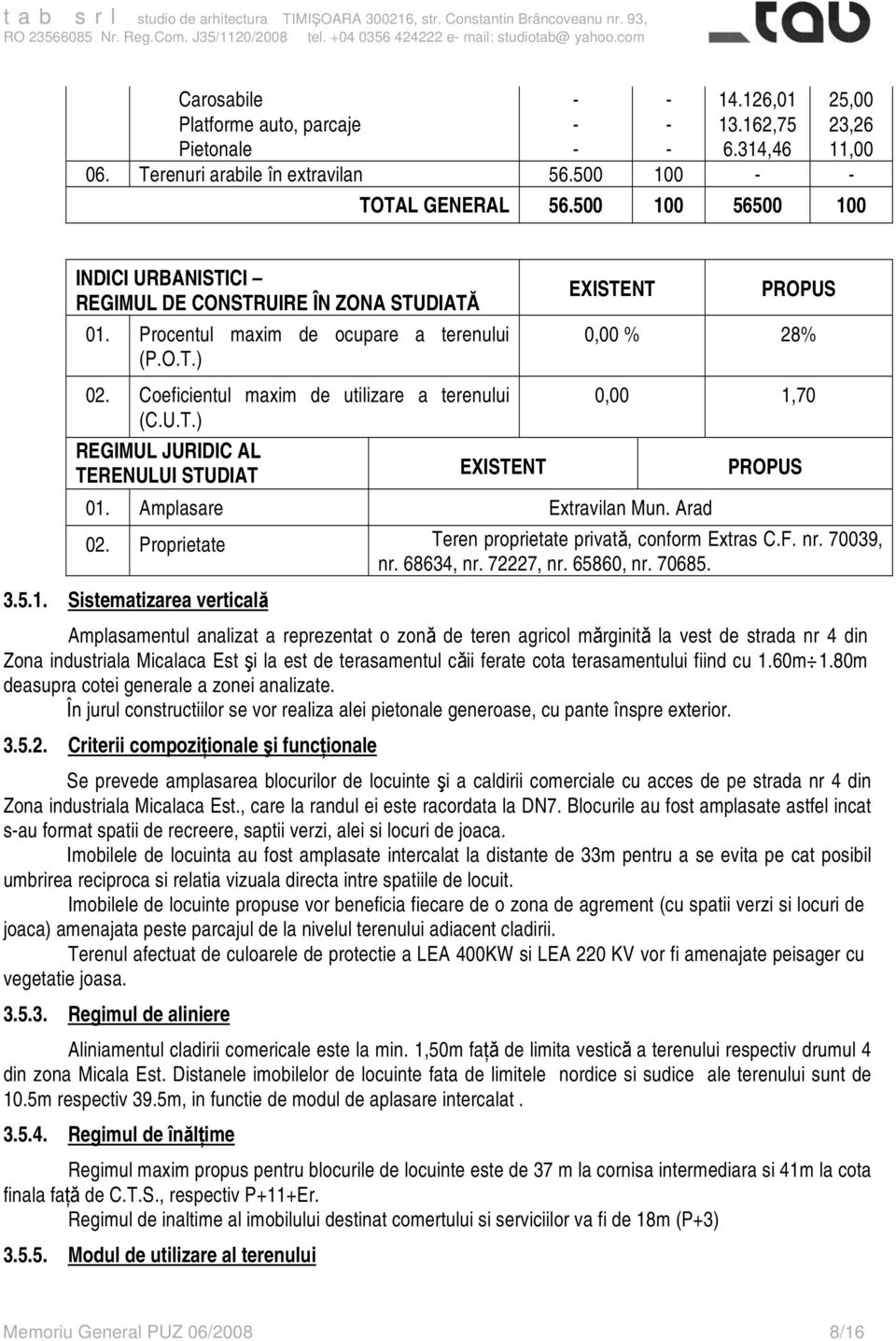 Coeficientul maxim de utilizare a terenului 0,00 1,70 (C.U.T.) REGIMUL JURIDIC AL TERENULUI STUDIAT EXISTENT PROPUS 01. Amplasare Extravilan Mun. Arad 02.