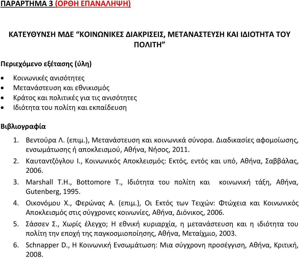 Διαδικασίες αφομοίωσης, ενσωμάτωσης ή αποκλεισμού, Αθήνα, Νήσος, 2011. 2. Καυταντζόγλου Ι., Κοινωνικός Αποκλεισμός: Εκτός, εντός και υπό, Αθήνα, Σαββάλας, 2006. 3. Marshall T.H., Bottomore T.
