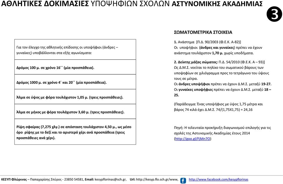 (τρεις προσπάθειες).. Ανάστημα [Π.Δ. 90/2003 (Φ.Ε.Κ. Α-82)] Οι υποψήφιοι (άνδρες και γυναίκες) πρέπει να έχουν ανάστημα τουλάχιστον,70 μ. χωρίς υποδήματα. 2. Δείκτης μάζας σώματος: Π.Δ. 54/200 (Φ.Ε.Κ. Α 93)] Ως Δ.
