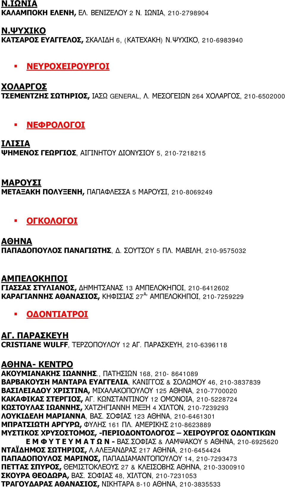 ΠΑΝΑΓΙΩΤΗΣ,. ΣΟΥΤΣΟΥ 5 ΠΛ. ΜΑΒΙΛΗ, 210-9575032 ΓΙΑΣΣΑΣ ΣΤΥΛΙΑΝΟΣ, ΗΜΗΤΣΑΝΑΣ 13, 210-6412602 ΚΑΡΑΓΙΑΝΝΗΣ ΑΘΑΝΑΣΙΟΣ, ΚΗΦΙΣΙΑΣ 27 Α, 210-7259229 Ο ΟΝΤΙΑΤΡΟΙ ΑΓ.