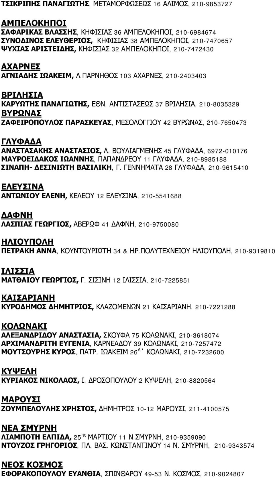 ΑΝΤΙΣΤΑΣΕΩΣ 37 ΒΡΙΛΗΣΙΑ, 210-8035329 ΒΥΡΩΝΑΣ ΖΑΦΕΙΡΟΠΟΥΛΟΣ ΠΑΡΑΣΚΕΥΑΣ, ΜΕΣΟΛΟΓΓΙΟΥ 42 ΒΥΡΩΝΑΣ, 210-7650473 ΓΛΥΦΑ Α ΑΝΑΣΤΑΣΑΚΗΣ ΑΝΑΣΤΑΣΙΟΣ, Λ.