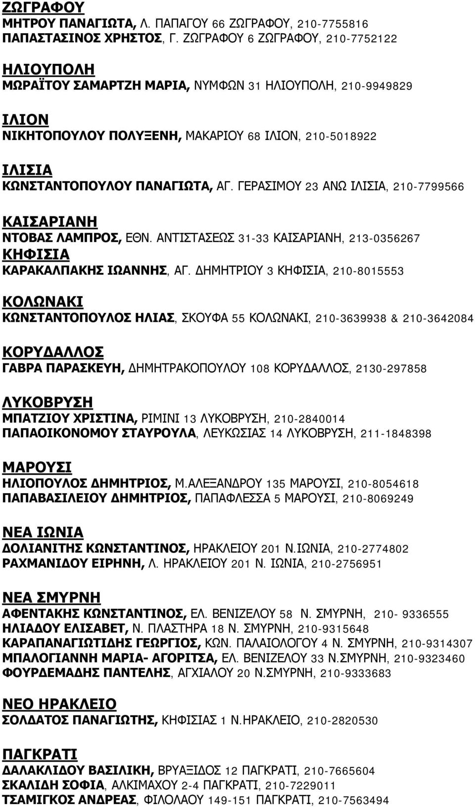 ΓΕΡΑΣΙΜΟΥ 23 ΑΝΩ ΙΛΙΣΙΑ, 210-7799566 ΚΑΙΣΑΡΙΑΝΗ ΝΤΟΒΑΣ ΛΑΜΠΡΟΣ, ΕΘΝ. ΑΝΤΙΣΤΑΣΕΩΣ 31-33 ΚΑΙΣΑΡΙΑΝΗ, 213-0356267 ΚΗΦΙΣΙΑ ΚΑΡΑΚΑΛΠΑΚΗΣ ΙΩΑΝΝΗΣ, ΑΓ.