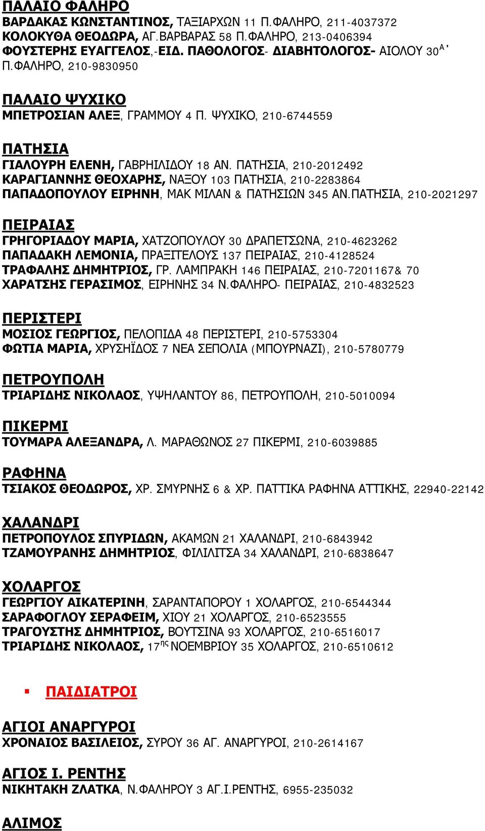 ΠΑΤΗΣΙΑ, 210-2012492 ΚΑΡΑΓΙΑΝΝΗΣ ΘΕΟΧΑΡΗΣ, ΝΑΞΟΥ 103 ΠΑΤΗΣΙΑ, 210-2283864 ΠΑΠΑ ΟΠΟΥΛΟΥ ΕΙΡΗΝΗ, ΜΑΚ ΜΙΛΑΝ & ΠΑΤΗΣΙΩΝ 345 ΑΝ.