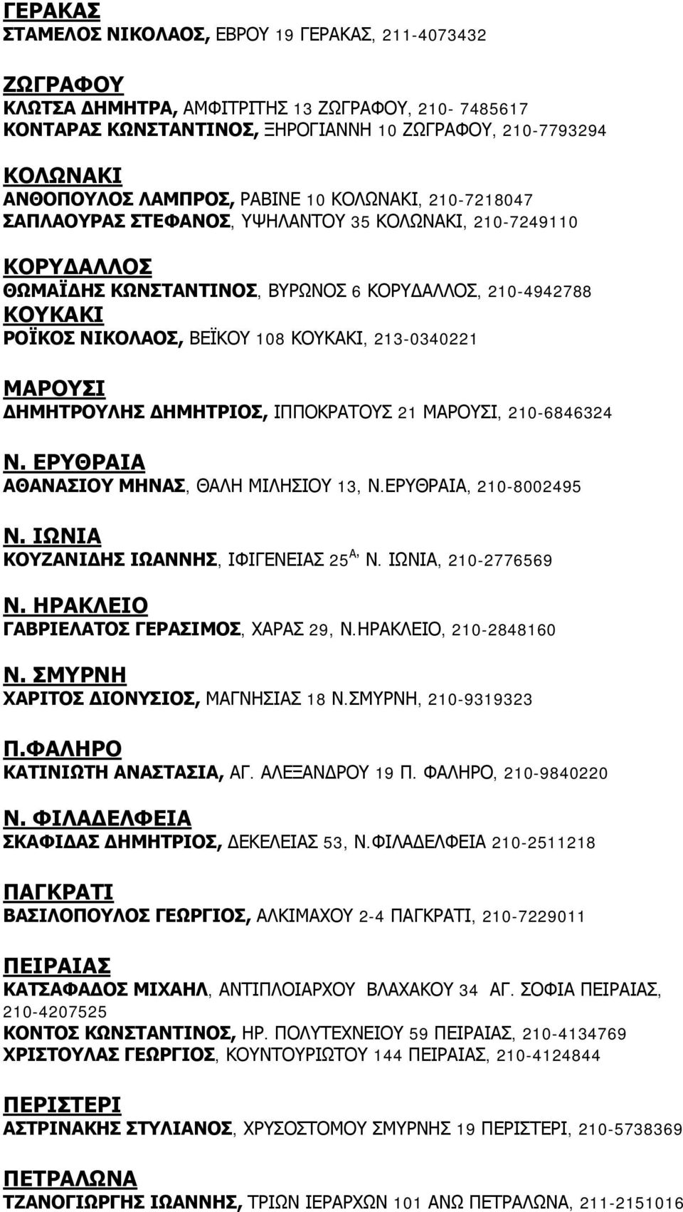 108 ΚΟΥΚΑΚΙ, 213-0340221 ΜΑΡΟΥΣΙ ΗΜΗΤΡΟΥΛΗΣ ΗΜΗΤΡΙΟΣ, ΙΠΠΟΚΡΑΤΟΥΣ 21 ΜΑΡΟΥΣΙ, 210-6846324 Ν. ΕΡΥΘΡΑΙΑ ΑΘΑΝΑΣΙΟΥ ΜΗΝΑΣ, ΘΑΛΗ ΜΙΛΗΣΙΟΥ 13, Ν.ΕΡΥΘΡΑΙΑ, 210-8002495 Ν.