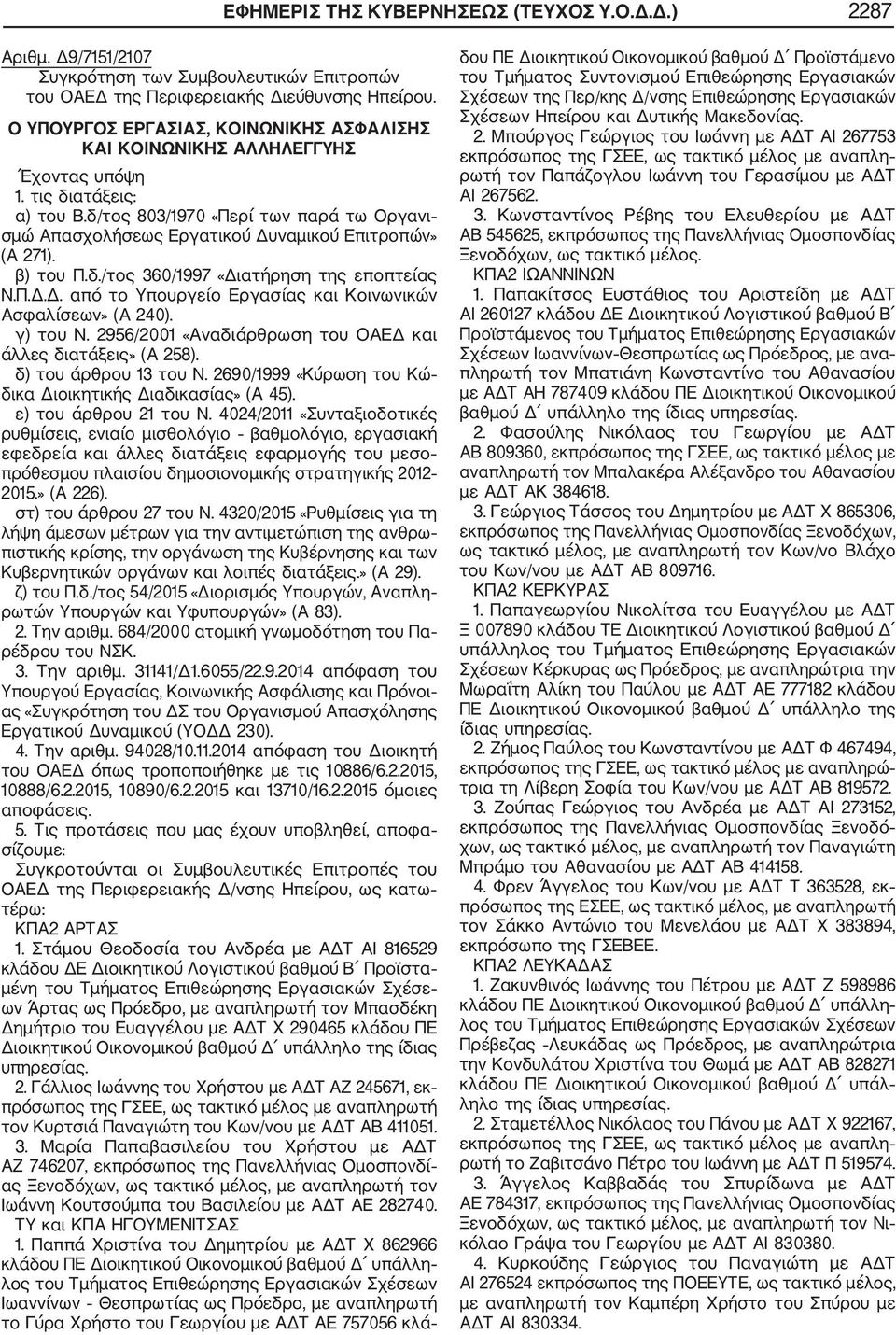 δ/τος 803/1970 «Περί των παρά τω Οργανι σμώ Απασχολήσεως Εργατικού Δυναμικού Επιτροπών» (Α 271). β) του Π.δ./τος 360/1997 «Διατήρηση της εποπτείας Ν.Π.Δ.Δ. από το Υπουργείο Εργασίας και Κοινωνικών Ασφαλίσεων» (Α 240).