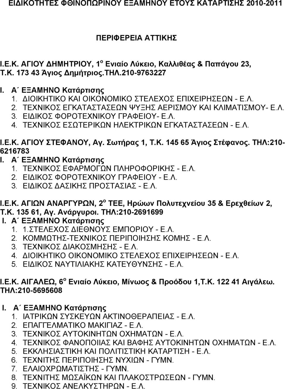 ΤΕΧΝΙΚΟΣ ΕΣΩΤΕΡΙΚΩΝ ΗΛΕΚΤΡΙΚΩΝ ΕΓΚΑΤΑΣΤΑΣΕΩΝ - Ε.Λ. Ι.Ε.Κ. ΑΓΙΟΥ ΣΤΕΦΑΝΟΥ, Αγ. Σωτήρας 1, Τ.Κ. 145 65 Άγιος Στέφανος. ΤΗΛ:210-6216783 1. ΤΕΧΝΙΚΟΣ ΕΦΑΡΜΟΓΩΝ ΠΛΗΡΟΦΟΡΙΚΗΣ - Ε.Λ. 2.