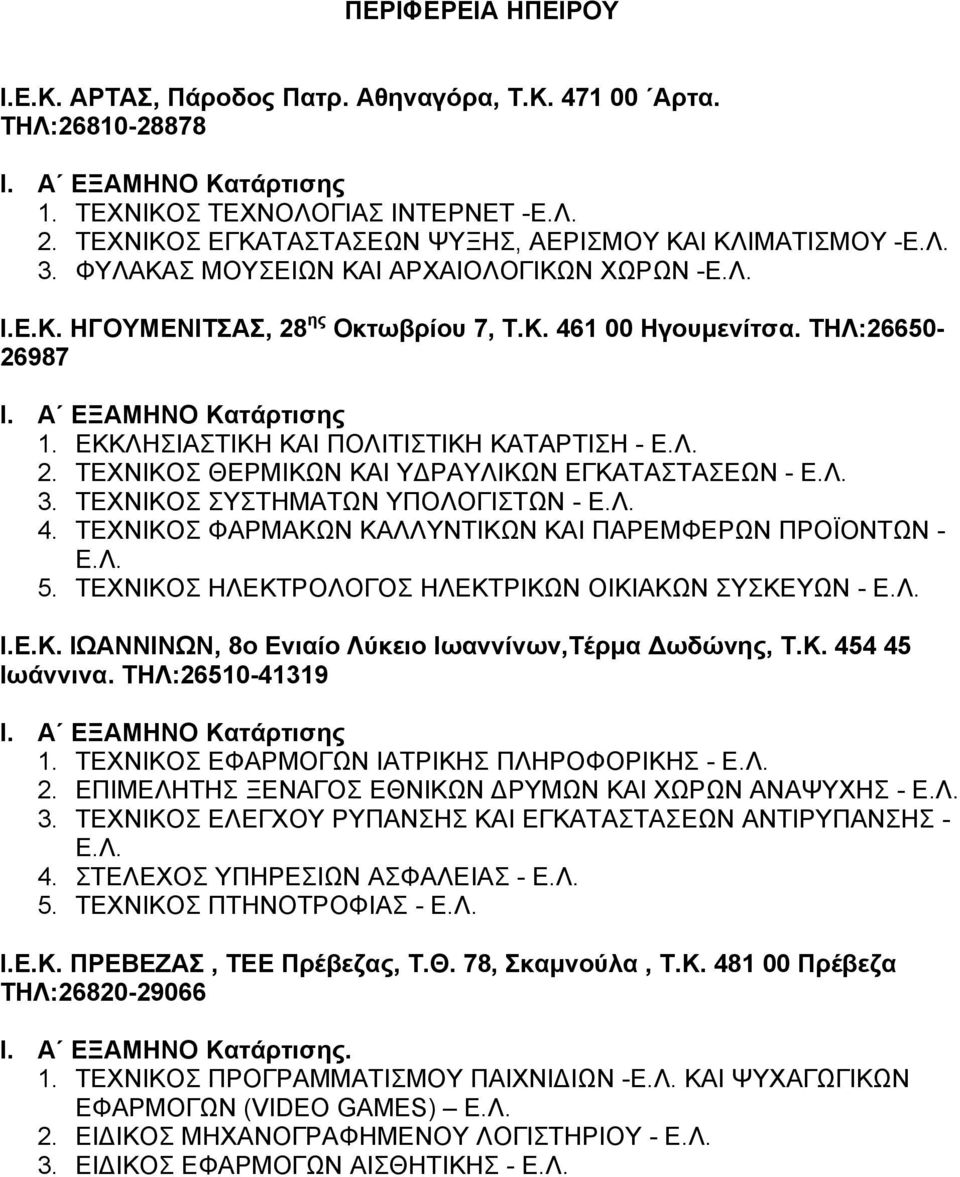 Λ. 3. ΤΕΧΝΙΚΟΣ ΣΥΣΤΗΜΑΤΩΝ ΥΠΟΛΟΓΙΣΤΩΝ - Ε.Λ. 4. ΤΕΧΝΙΚΟΣ ΦΑΡΜΑΚΩΝ ΚΑΛΛΥΝΤΙΚΩΝ ΚΑΙ ΠΑΡΕΜΦΕΡΩΝ ΠΡΟΪΟΝΤΩΝ - Ε.Λ. 5. ΤΕΧΝΙΚΟΣ ΗΛΕΚΤΡΟΛΟΓΟΣ ΗΛΕΚΤΡΙΚΩΝ ΟΙΚΙΑΚΩΝ ΣΥΣΚΕΥΩΝ - Ε.Λ. Ι.Ε.Κ. ΙΩΑΝΝΙΝΩΝ, 8ο Ενιαίο Λύκειο Ιωαννίνων,Τέρμα Δωδώνης, Τ.