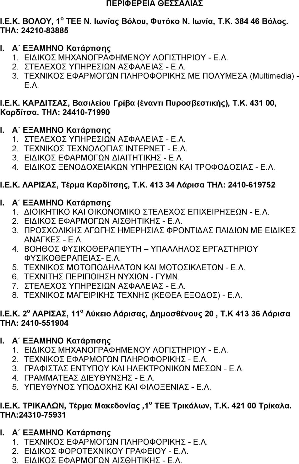 ΕΙΔΙΚΟΣ ΕΦΑΡΜΟΓΩΝ ΔΙΑΙΤΗΤΙΚΗΣ - Ε.Λ. 4. ΕΙΔΙΚΟΣ ΞΕΝΟΔΟΧΕΙΑΚΩΝ ΥΠΗΡΕΣΙΩΝ ΚΑΙ ΤΡΟΦΟΔΟΣΙΑΣ - Ε.Λ. Ι.Ε.Κ. ΛΑΡΙΣΑΣ, Τέρμα Καρδίτσης, Τ.Κ. 413 34 Λάρισα ΤΗΛ: 2410-619752 1.