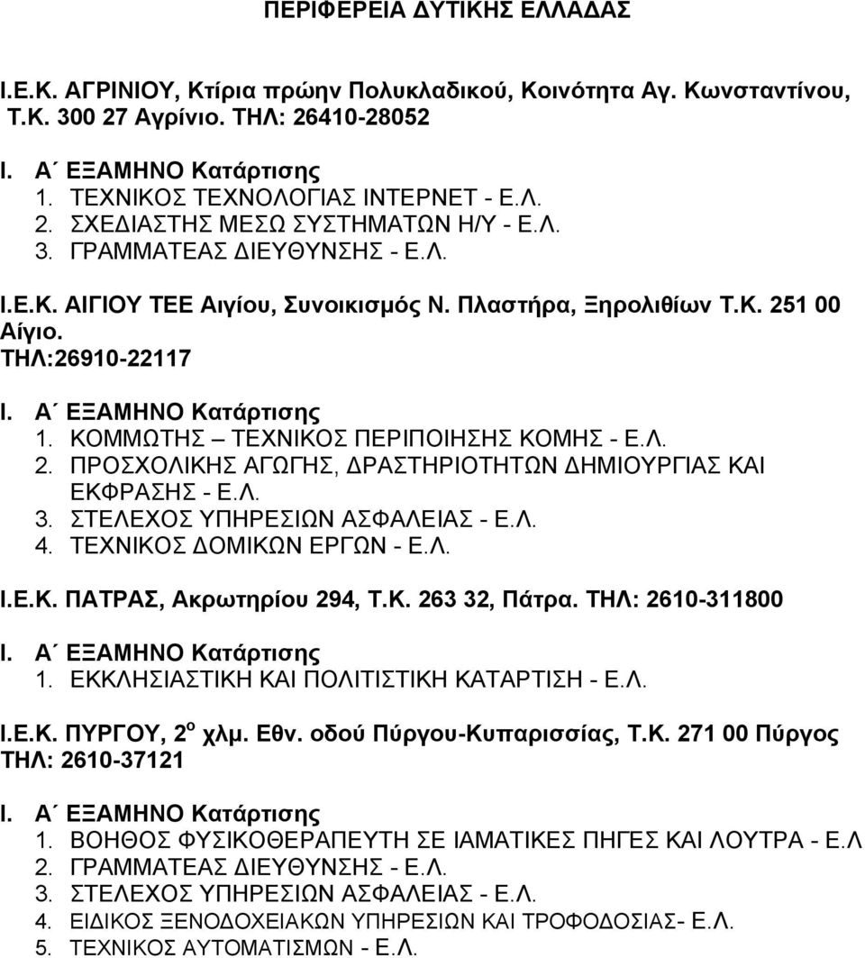 Λ. 3. ΣΤΕΛΕΧΟΣ ΥΠΗΡΕΣΙΩΝ ΑΣΦΑΛΕΙΑΣ - Ε.Λ. 4. ΤΕΧΝΙΚΟΣ ΔΟΜΙΚΩΝ ΕΡΓΩΝ - Ε.Λ. Ι.Ε.Κ. ΠΑΤΡΑΣ, Ακρωτηρίου 294, Τ.Κ. 263 32, Πάτρα. ΤΗΛ: 2610-311800 1. ΕΚΚΛΗΣΙΑΣΤΙΚΗ ΚΑΙ ΠΟΛΙΤΙΣΤΙΚΗ ΚΑΤΑΡΤΙΣΗ - Ε.Λ. Ι.Ε.Κ. ΠΥΡΓΟΥ, 2 ο χλμ.