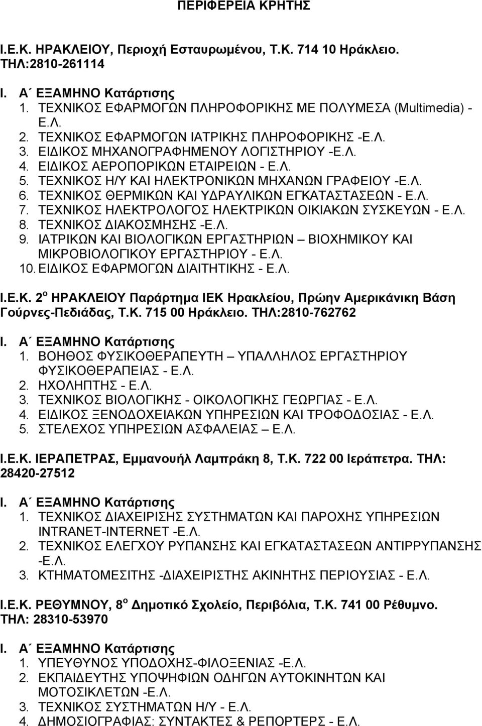 ΤΕΧΝΙΚΟΣ ΘΕΡΜΙΚΩΝ ΚΑΙ ΥΔΡΑΥΛΙΚΩΝ ΕΓΚΑΤΑΣΤΑΣΕΩΝ - Ε.Λ. 7. ΤΕΧΝΙΚΟΣ ΗΛΕΚΤΡΟΛΟΓΟΣ ΗΛΕΚΤΡΙΚΩΝ ΟΙΚΙΑΚΩΝ ΣΥΣΚΕΥΩΝ - Ε.Λ. 8. ΤΕΧΝΙΚΟΣ ΔΙΑΚΟΣΜΗΣΗΣ -Ε.Λ. 9.