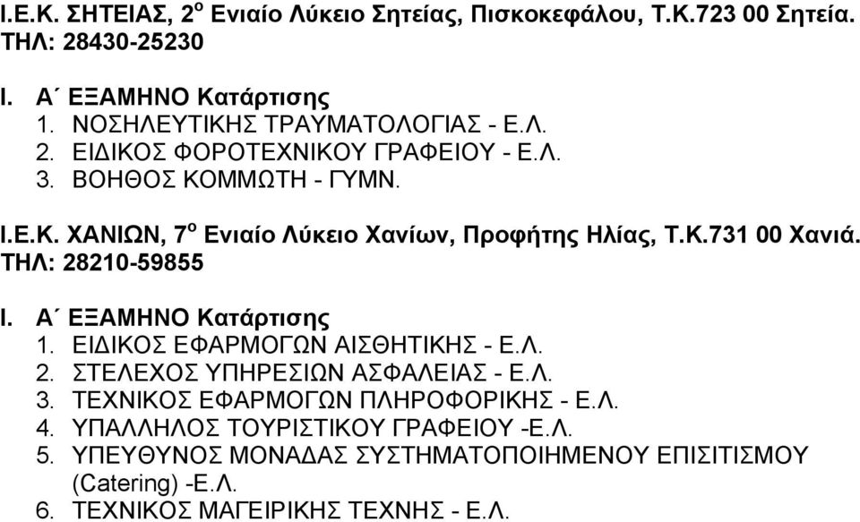 ΕΙΔΙΚΟΣ ΕΦΑΡΜΟΓΩΝ ΑΙΣΘΗΤΙΚΗΣ - Ε.Λ. 2. ΣΤΕΛΕΧΟΣ ΥΠΗΡΕΣΙΩΝ ΑΣΦΑΛΕΙΑΣ - Ε.Λ. 3. ΤΕΧΝΙΚΟΣ ΕΦΑΡΜΟΓΩΝ ΠΛΗΡΟΦΟΡΙΚΗΣ - Ε.Λ. 4.