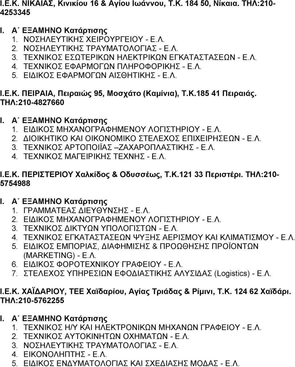 ΤΗΛ:210-4827660 1. ΕΙΔΙΚΟΣ ΜΗΧΑΝΟΓΡΑΦΗΜΕΝΟΥ ΛΟΓΙΣΤΗΡΙΟΥ - Ε.Λ. 2. ΔΙΟΙΚΗΤΙΚΟ ΚΑΙ ΟΙΚΟΝΟΜΙΚΟ ΣΤΕΛΕΧΟΣ ΕΠΙΧΕΙΡΗΣΕΩΝ - Ε.Λ. 3. ΤΕΧΝΙΚΟΣ ΑΡΤΟΠΟΙΪΑΣ ΖΑΧΑΡΟΠΛΑΣΤΙΚΗΣ - Ε.Λ. 4.