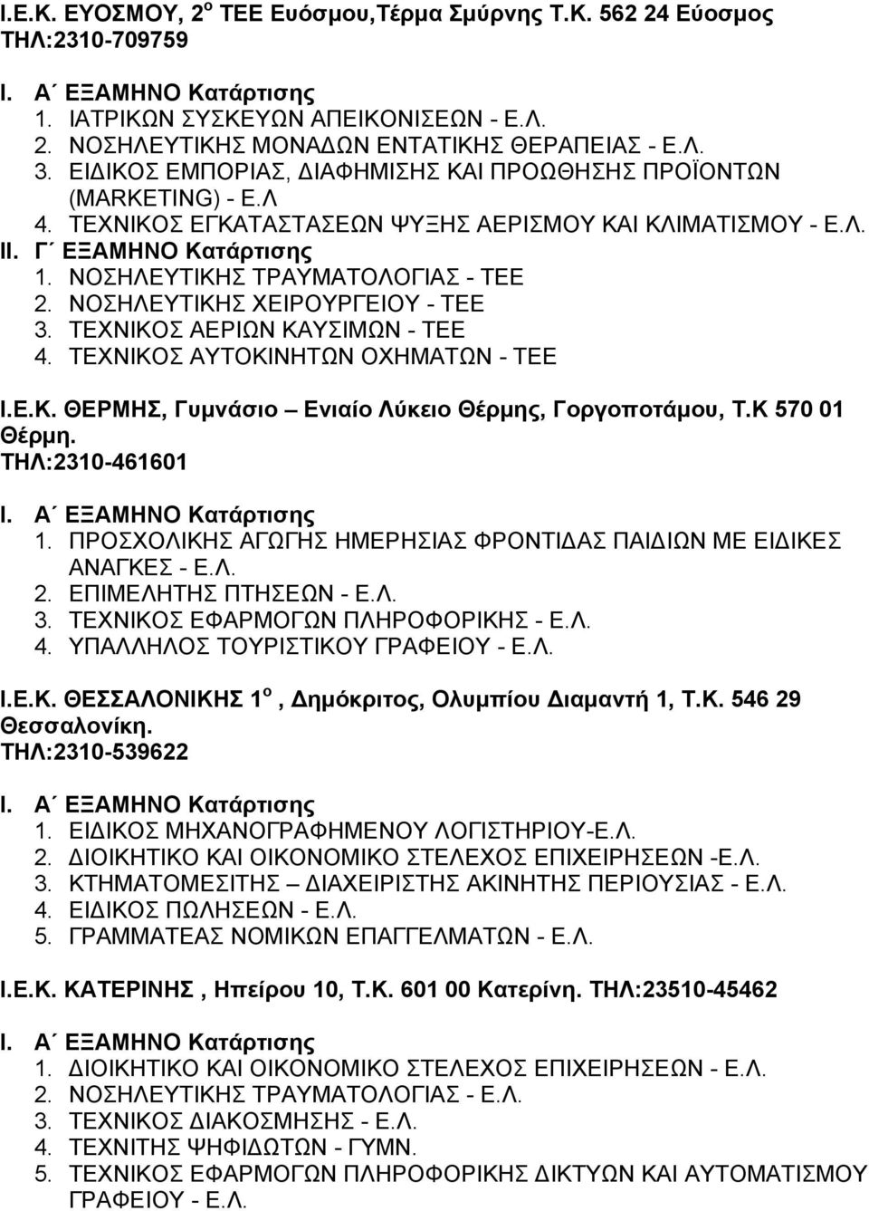 ΝΟΣΗΛΕΥΤΙΚΗΣ ΧΕΙΡΟΥΡΓΕΙΟΥ - ΤΕΕ 3. ΤΕΧΝΙΚΟΣ ΑΕΡΙΩΝ ΚΑΥΣΙΜΩΝ - ΤΕΕ 4. ΤΕΧΝΙΚΟΣ ΑΥΤΟΚΙΝΗΤΩΝ ΟΧΗΜΑΤΩΝ - ΤΕΕ Ι.Ε.Κ. ΘΕΡΜΗΣ, Γυμνάσιο Ενιαίο Λύκειο Θέρμης, Γοργοποτάμου, Τ.Κ 570 01 Θέρμη.
