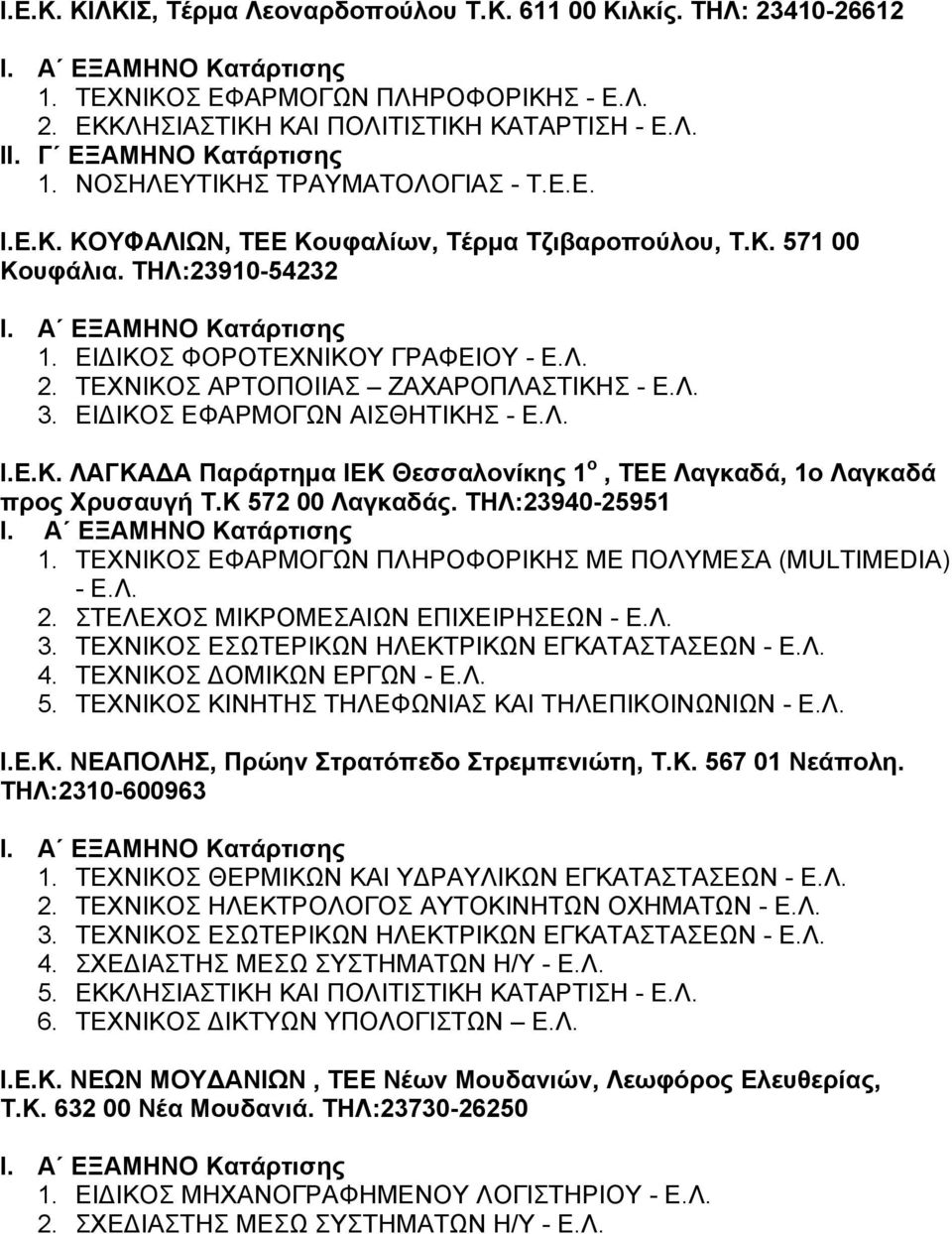 ΤΕΧΝΙΚΟΣ ΑΡΤΟΠΟΙΙΑΣ ΖΑΧΑΡΟΠΛΑΣΤΙΚΗΣ - Ε.Λ. 3. ΕΙΔΙΚΟΣ ΕΦΑΡΜΟΓΩΝ ΑΙΣΘΗΤΙΚΗΣ - Ε.Λ. Ι.Ε.Κ. ΛΑΓΚΑΔΑ Παράρτημα ΙΕΚ Θεσσαλονίκης 1 ο, ΤΕΕ Λαγκαδά, 1ο Λαγκαδά προς Χρυσαυγή Τ.Κ 572 00 Λαγκαδάς.
