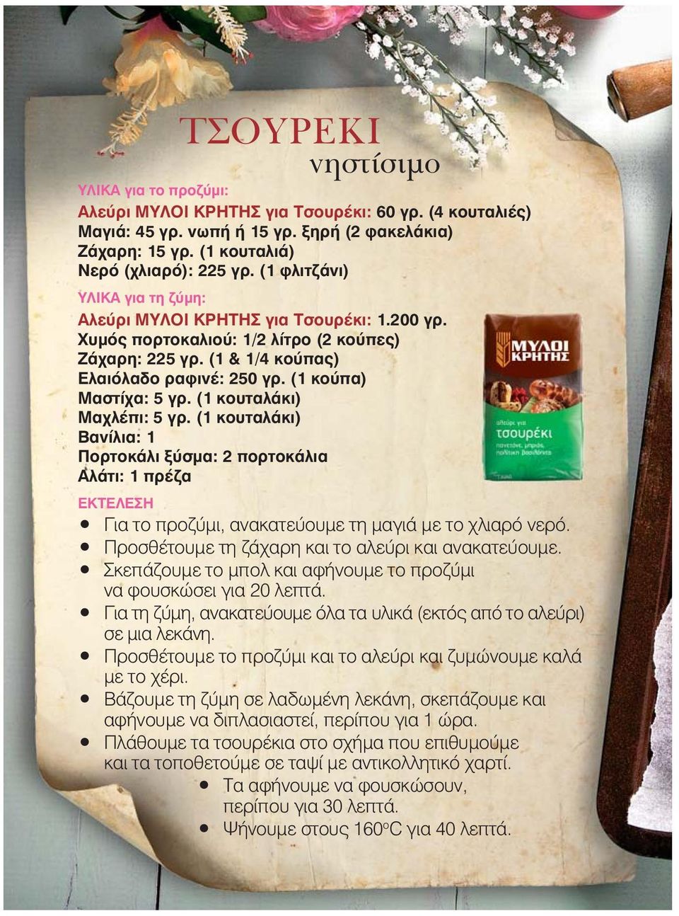 (1 κουταλάκι) Μαχλέπι: 5 γρ. (1 κουταλάκι) Βανίλια: 1 Πορτοκάλι ξύσμα: 2 πορτοκάλια Αλάτι: 1 πρέζα ΕΚΤΕΛΕΣΗ Για το προζύμι, ανακατεύουμε τη μαγιά με το χλιαρό νερό.