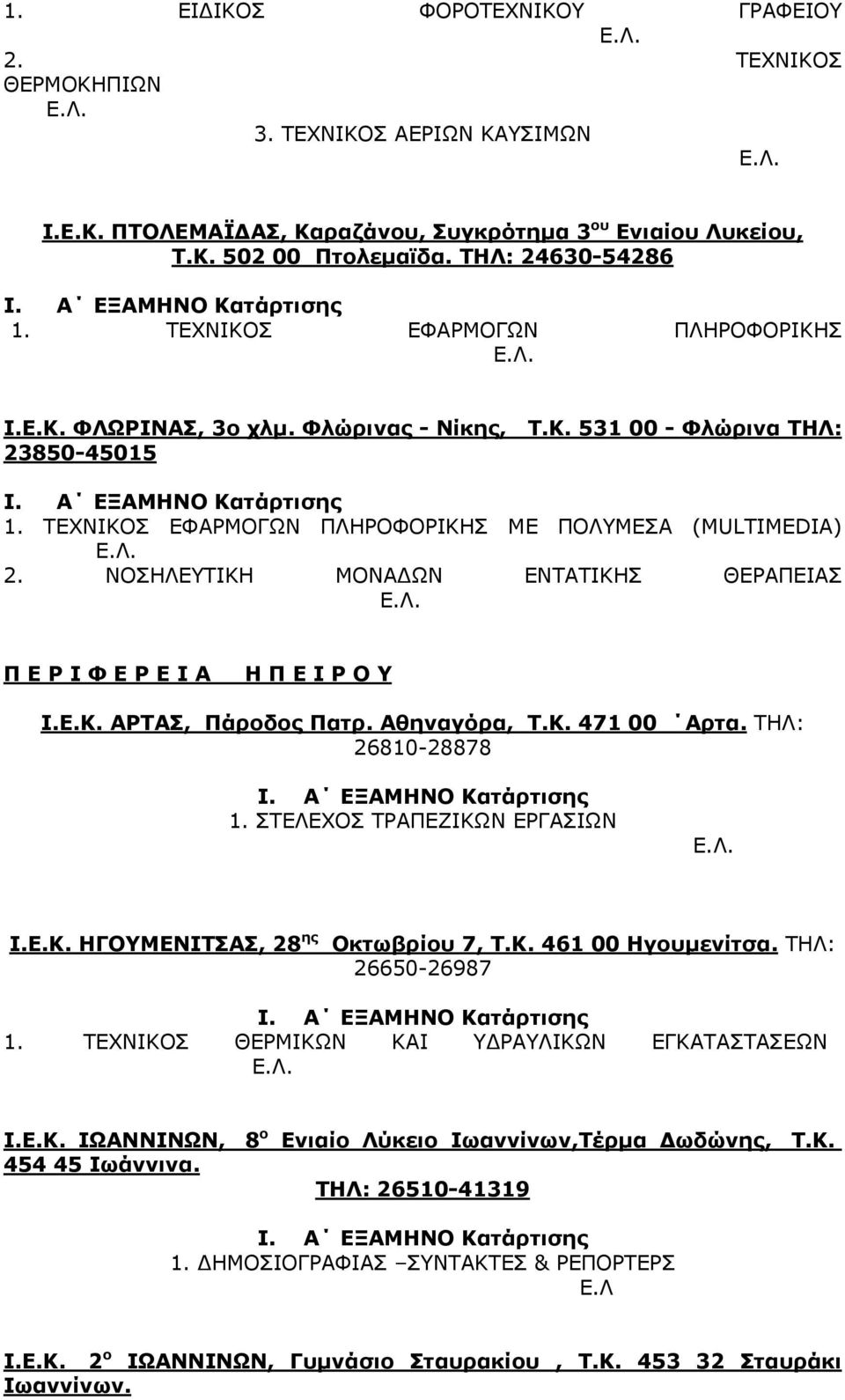 ΝΟΣΗΛΕΥΤΙΚΗ ΜΟΝΑΔΩΝ ΕΝΤΑΤΙΚΗΣ ΘΕΡΑΠΕΙΑΣ Π Ε Ρ Ι Φ Ε Ρ Ε Ι Α Η Π Ε Ι Ρ Ο Υ Ι.Ε.Κ. ΑΡΤΑΣ, Πάροδος Πατρ. Αθηναγόρα, Τ.Κ. 471 00 Αρτα. ΤΗΛ: 26810-28878 1. ΣΤΕΛΕΧΟΣ ΤΡΑΠΕΖΙΚΩΝ ΕΡΓΑΣΙΩΝ Ι.Ε.Κ. ΗΓΟΥΜΕΝΙΤΣΑΣ, 28 ης Οκτωβρίου 7, Τ.