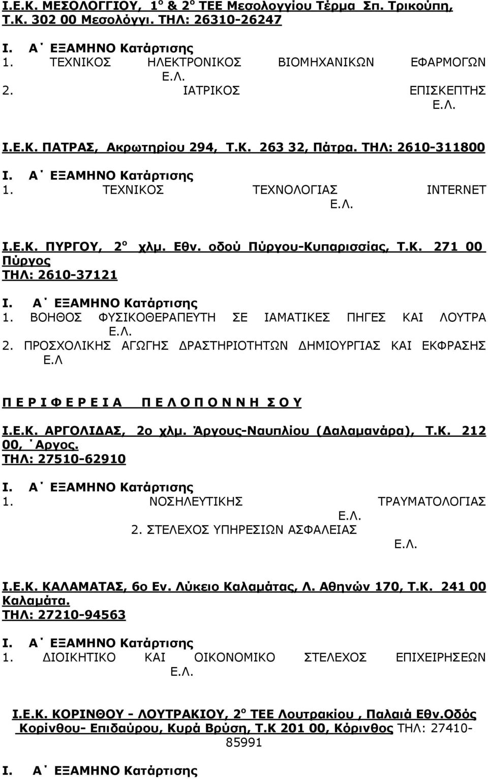 ΒΟΗΘΟΣ ΦΥΣΙΚΟΘΕΡΑΠΕΥΤΗ ΣΕ ΙΑΜΑΤΙΚΕΣ ΠΗΓΕΣ ΚΑΙ ΛΟΥΤΡΑ 2. ΠΡΟΣΧΟΛΙΚΗΣ ΑΓΩΓΗΣ ΔΡΑΣΤΗΡΙΟΤΗΤΩΝ ΔΗΜΙΟΥΡΓΙΑΣ ΚΑΙ ΕΚΦΡΑΣΗΣ Ε.Λ Π Ε Ρ Ι Φ Ε Ρ Ε Ι Α Π Ε Λ Ο Π Ο Ν Ν Η Σ Ο Υ Ι.Ε.Κ. ΑΡΓΟΛΙΔΑΣ, 2ο χλμ.