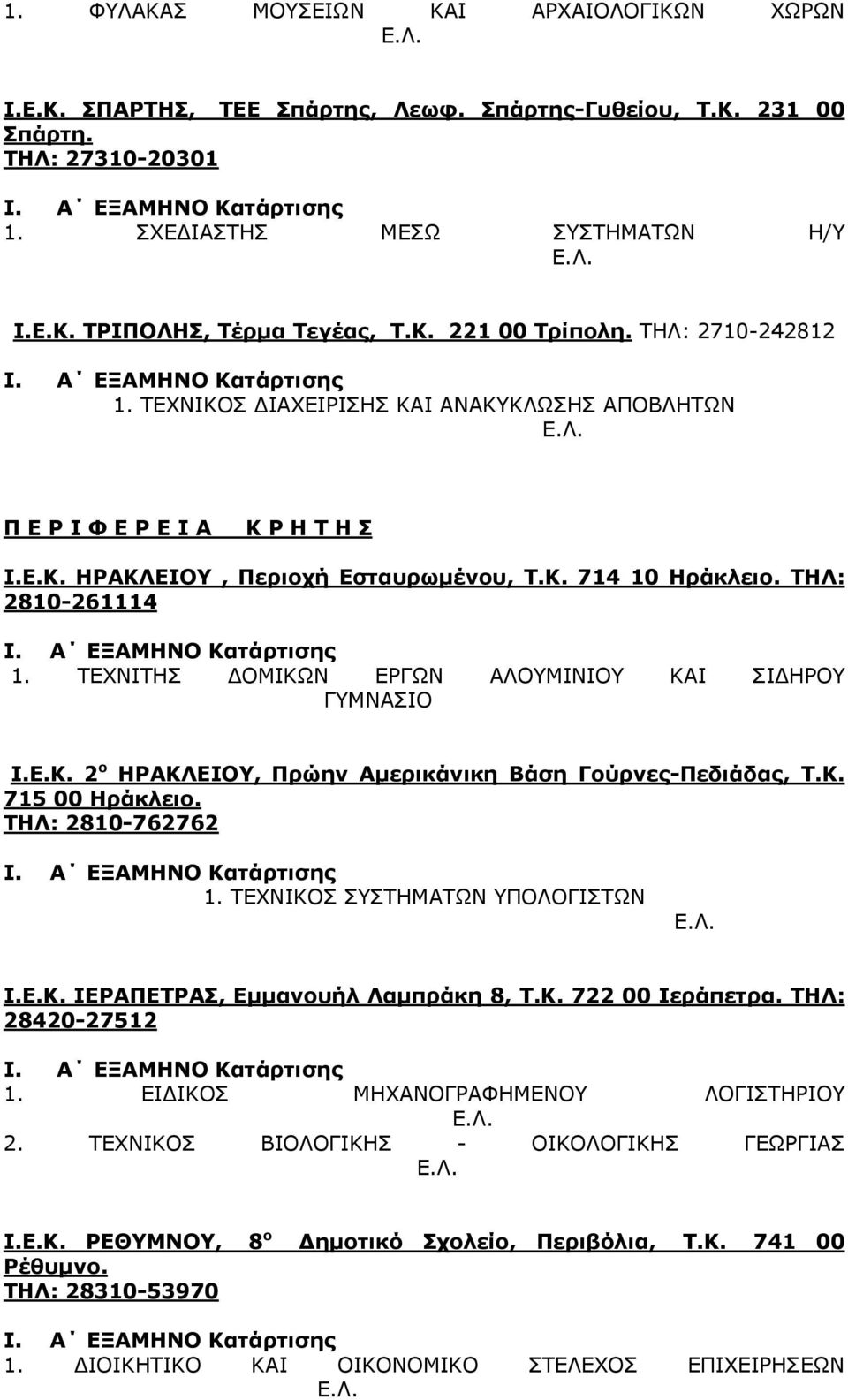 ΤΕΧΝΙΤΗΣ ΔΟΜΙΚΩΝ ΕΡΓΩΝ ΑΛΟΥΜΙΝΙΟΥ ΚΑΙ ΣΙΔΗΡΟΥ ΓΥΜΝΑΣΙΟ Ι.Ε.Κ. 2 ο ΗΡΑΚΛΕΙΟΥ, Πρώην Αμερικάνικη Βάση Γούρνες-Πεδιάδας, Τ.Κ. 715 00 Ηράκλειο. ΤΗΛ: 2810-762762 1. ΤΕΧΝΙΚΟΣ ΣΥΣΤΗΜΑΤΩΝ ΥΠΟΛΟΓΙΣΤΩΝ Ι.Ε.Κ. ΙΕΡΑΠΕΤΡΑΣ, Εμμανουήλ Λαμπράκη 8, Τ.