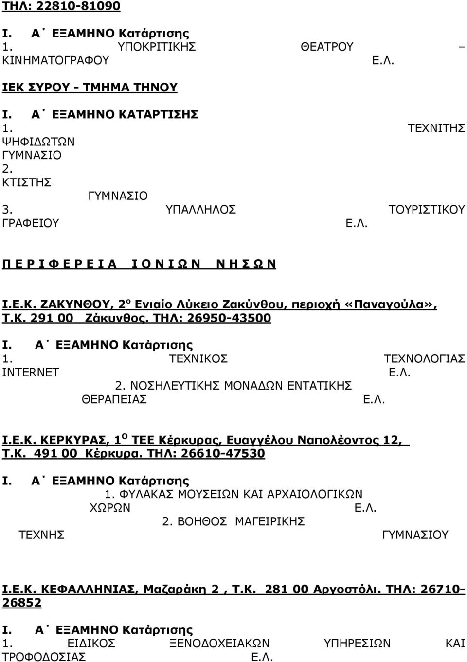 ΤΗΛ: 26950-43500 1. ΤΕΧΝΙΚΟΣ ΤΕΧΝΟΛΟΓΙΑΣ INTERNET 2. ΝΟΣΗΛΕΥΤΙΚΗΣ ΜΟΝΑΔΩΝ ΕΝΤΑΤΙΚΗΣ ΘΕΡΑΠΕΙΑΣ Ι.Ε.Κ. ΚΕΡΚΥΡΑΣ, 1 Ο ΤΕΕ Κέρκυρας, Ευαγγέλου Ναπολέοντος 12, Τ.Κ. 491 00 Κέρκυρα.