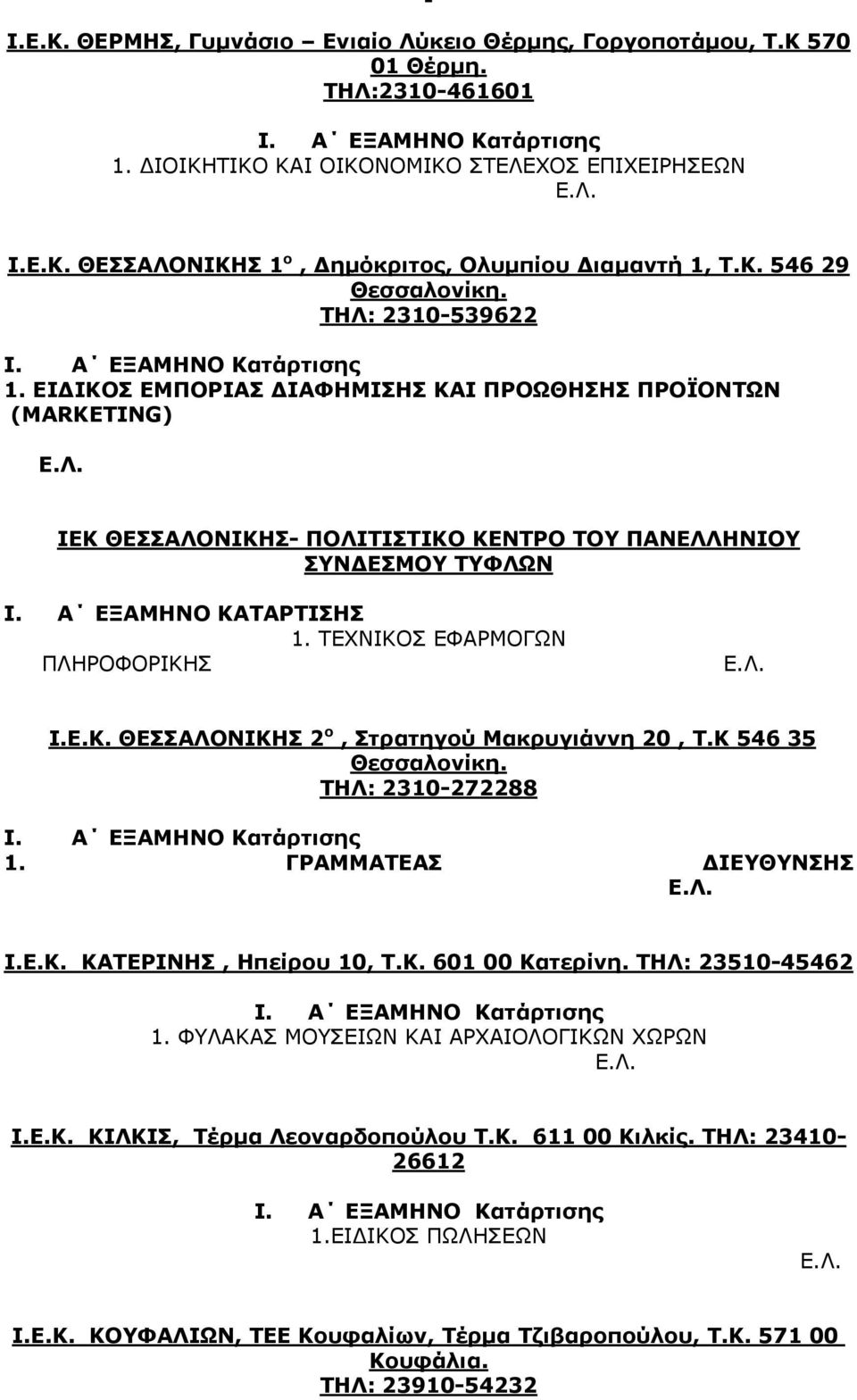 Α ΕΞΑΜΗΝΟ ΚΑΤΑΡΤΙΣΗΣ 1. ΤΕΧΝΙΚΟΣ ΕΦΑΡΜΟΓΩΝ ΠΛΗΡΟΦΟΡΙΚΗΣ Ι.Ε.Κ. ΘΕΣΣΑΛΟΝΙΚΗΣ 2 ο, Στρατηγού Μακρυγιάννη 20, Τ.Κ 546 35 Θεσσαλονίκη. ΤΗΛ: 2310-272288 1. ΓΡΑΜΜΑΤΕΑΣ ΔΙΕΥΘΥΝΣΗΣ Ι.Ε.Κ. ΚΑΤΕΡΙΝΗΣ, Ηπείρου 10, Τ.