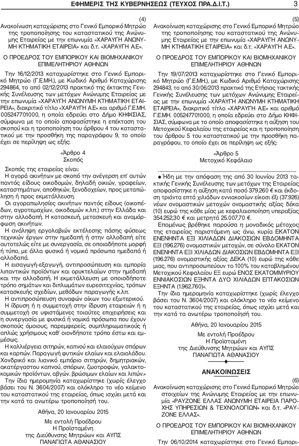 ), με Κωδικό Αριθμό Καταχώρισης 294864, το από 02/12/2013 πρακτικό της έκτακτης Γενι κής Συνέλευσης των μετόχων Ανώνυμης Εταιρείας με την επωνυμία «ΧΑΡΑΥΓΗ ΑΝΩΝΥΜΗ ΚΤΗΜΑΤΙΚΗ ΕΤΑΙ ΡΕΙΑ», διακριτικό