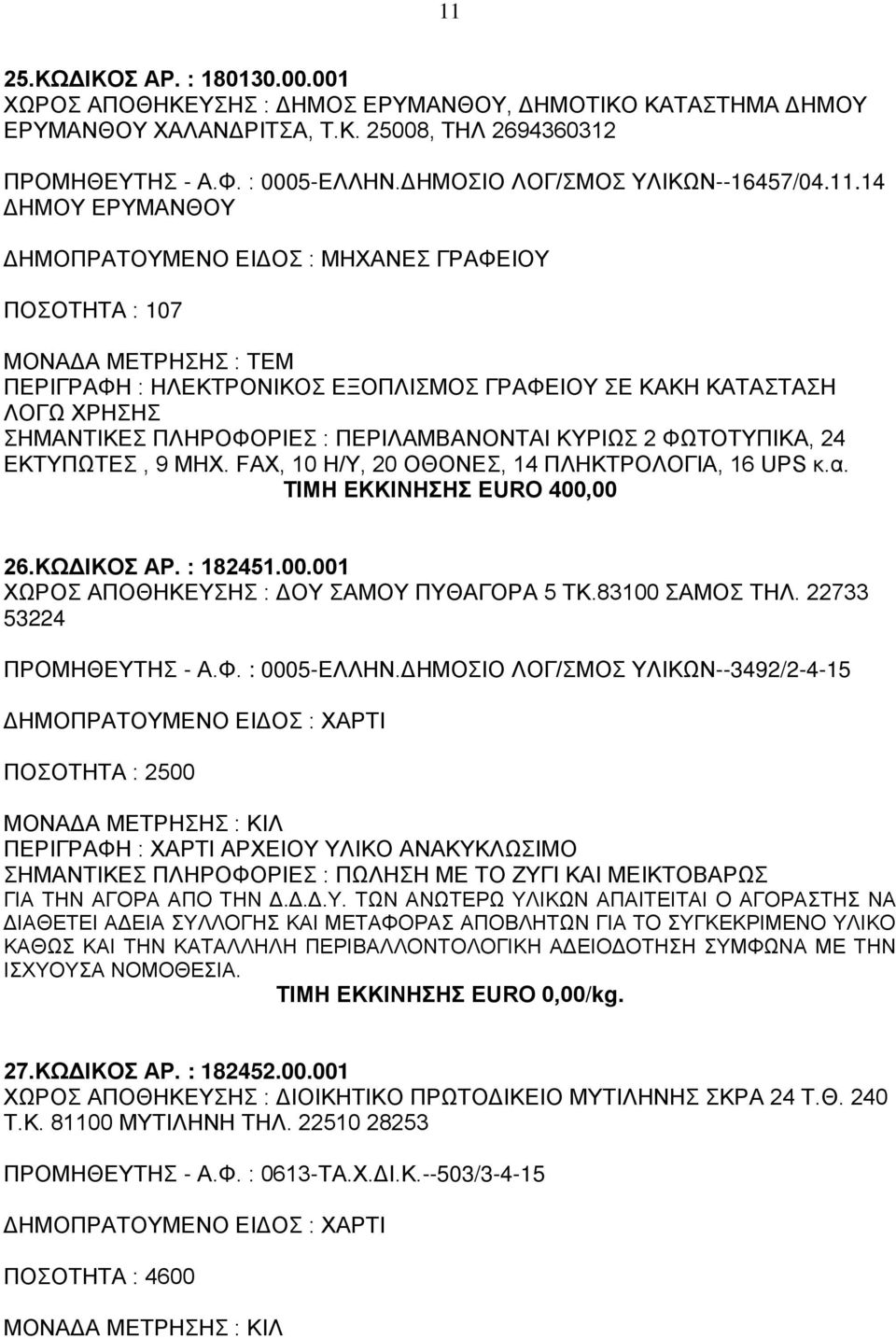 14 ΔΗΜΟΥ ΕΡΥΜΑΝΘΟΥ ΔΗΜΟΠΡΑΤΟΥΜΕΝΟ ΕΙΔΟΣ : ΜΗΧΑΝΕΣ ΓΡΑΦΕΙΟΥ ΠΟΣΟΤΗΤΑ : 107 ΠΕΡΙΓΡΑΦΗ : ΗΛΕΚΤΡΟΝΙΚΟΣ ΕΞΟΠΛΙΣΜΟΣ ΓΡΑΦΕΙΟΥ ΣΕ ΚΑΚΗ ΚΑΤΑΣΤΑΣΗ ΛΟΓΩ ΧΡΗΣΗΣ ΠΕΡΙΛΑΜΒΑΝΟΝΤΑΙ ΚΥΡΙΩΣ 2 ΦΩΤΟΤΥΠΙΚΑ, 24 ΕΚΤΥΠΩΤΕΣ,