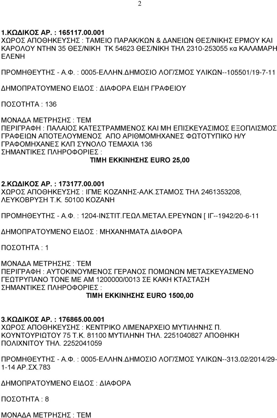ΔΗΜΟΣΙΟ ΛΟΓ/ΣΜΟΣ ΥΛΙΚΩΝ--105501/19-7-11 ΕΙΔΗ ΓΡΑΦΕΙΟΥ ΠΟΣΟΤΗΤΑ : 136 ΠΕΡΙΓΡΑΦΗ : ΠΑΛΑΙΟΣ ΚΑΤΕΣΤΡΑΜΜΕΝΟΣ ΚΑΙ ΜΗ ΕΠΙΣΚΕΥΑΣΙΜΟΣ ΕΞΟΠΛΙΣΜΟΣ ΓΡΑΦΕΙΩΝ ΑΠΟΤΕΛΟΥΜΕΝΟΣ ΑΠΟ ΑΡΙΘΜΟΜΗΧΑΝΕΣ ΦΩΤΟΤΥΠΙΚΟ Η/Υ