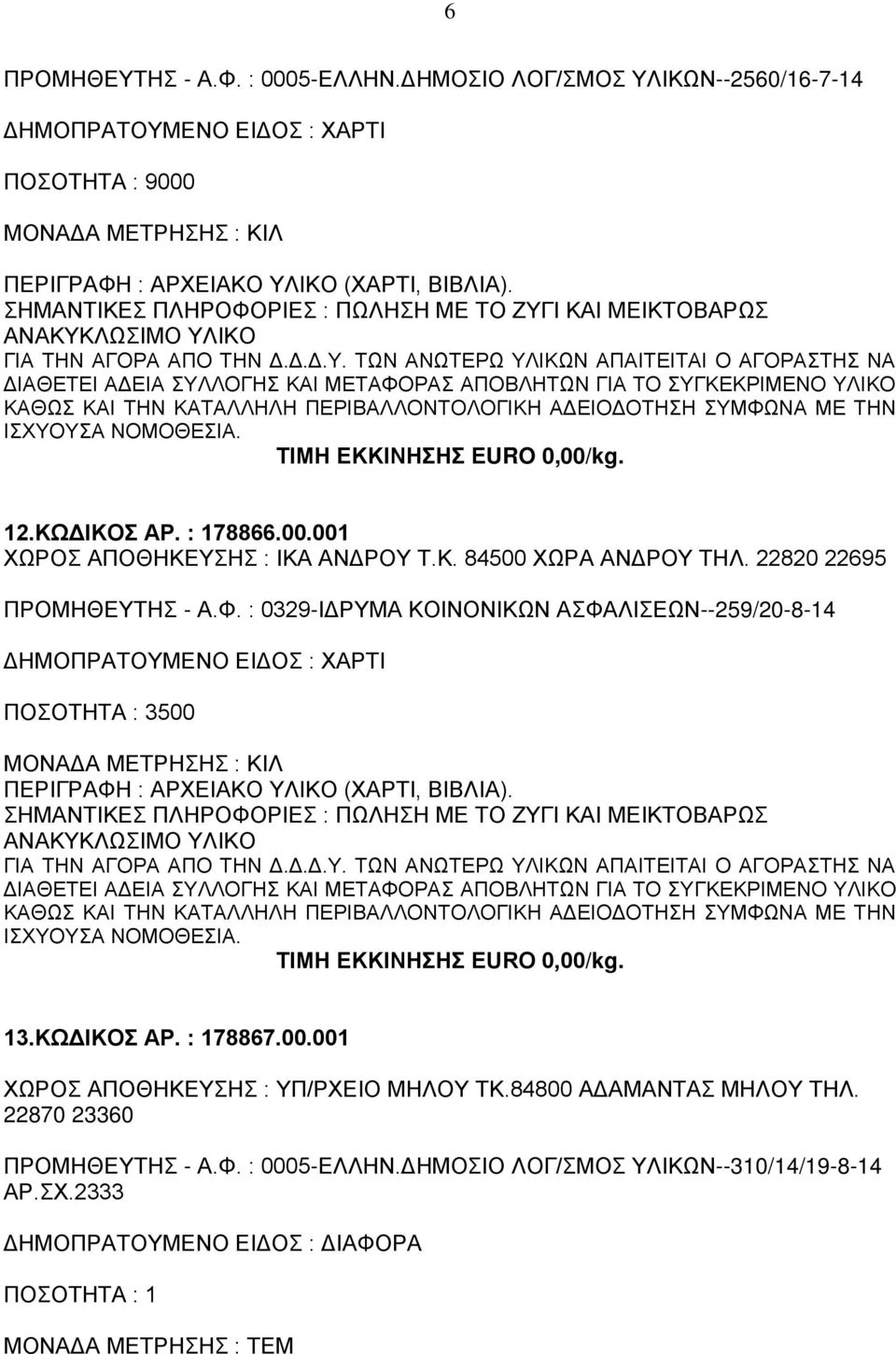 22820 22695 ΠΡΟΜΗΘΕΥΤΗΣ - Α.Φ. : 0329-ΙΔPΥΜΑ ΚΟΙΝΟΝΙΚΩΝ ΑΣΦΑΛΙΣΕΩΝ--259/20-8-14 ΠΟΣΟΤΗΤΑ : 3500 ΠΕΡΙΓΡΑΦΗ : ΑΡΧΕΙΑΚΟ ΥΛΙΚΟ (ΧΑΡΤΙ, ΒΙΒΛΙΑ).