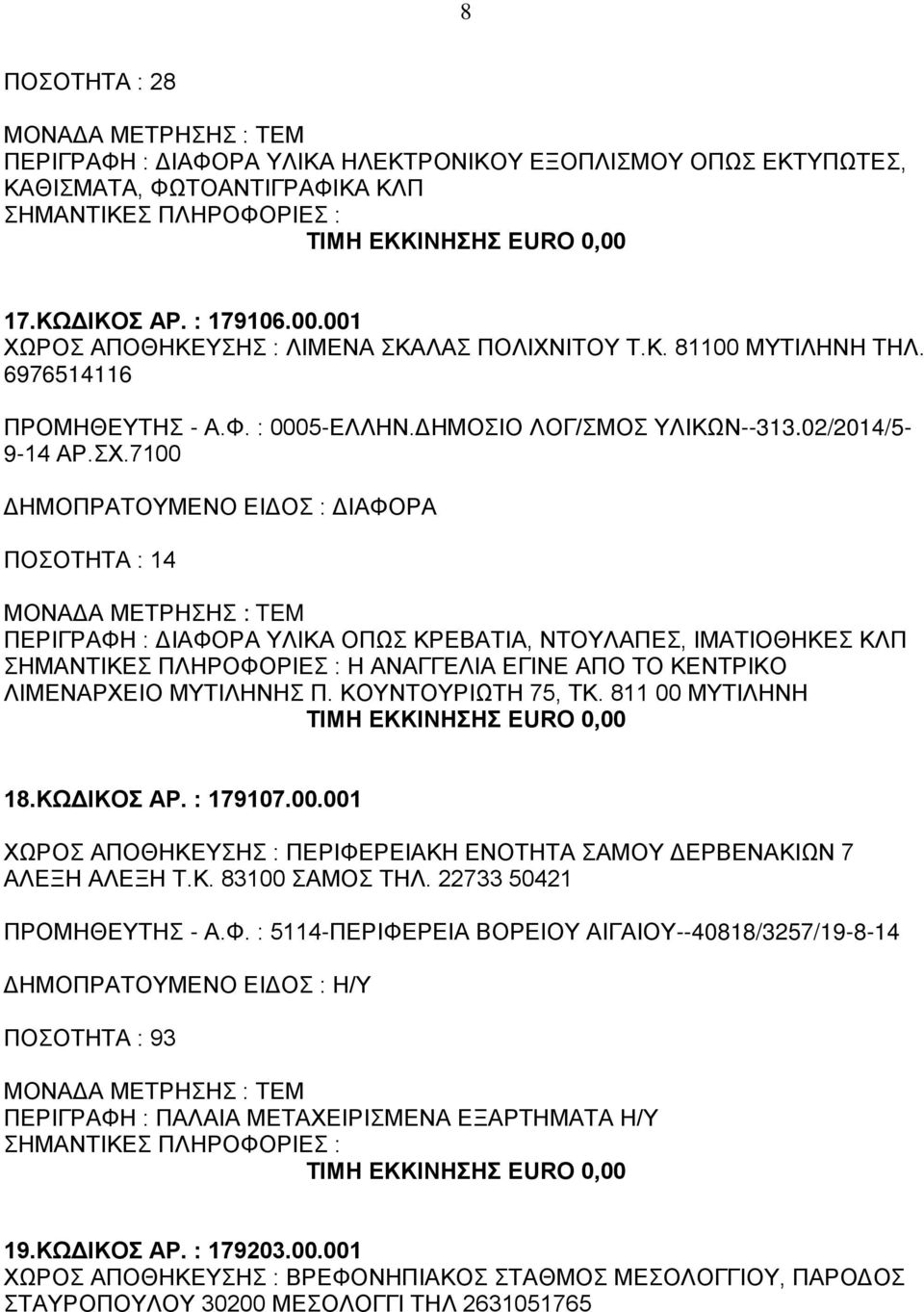 7100 ΠΟΣΟΤΗΤΑ : 14 ΠΕΡΙΓΡΑΦΗ : ΔΙΑΦΟΡΑ ΥΛΙΚΑ ΟΠΩΣ ΚΡΕΒΑΤΙΑ, ΝΤΟΥΛΑΠΕΣ, ΙΜΑΤΙΟΘΗΚΕΣ ΚΛΠ Η ΑΝΑΓΓΕΛΙΑ ΕΓΙΝΕ ΑΠΟ ΤΟ ΚΕΝΤΡΙΚΟ ΛΙΜΕΝΑΡΧΕΙΟ ΜΥΤΙΛΗΝΗΣ Π. ΚΟΥΝΤΟΥΡΙΩΤΗ 75, ΤΚ. 811 00 ΜΥΤΙΛΗΝΗ 18.ΚΩΔΙΚΟΣ ΑΡ.
