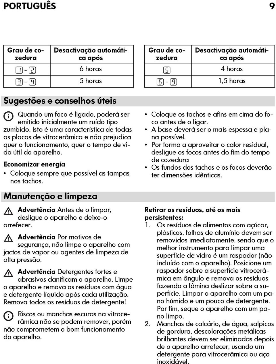 Economizar energia Coloque sempre que possível as tampas nos tachos. Manutenção e limpeza Advertência Antes de o limpar, desligue o aparelho e deixe-o arrefecer.
