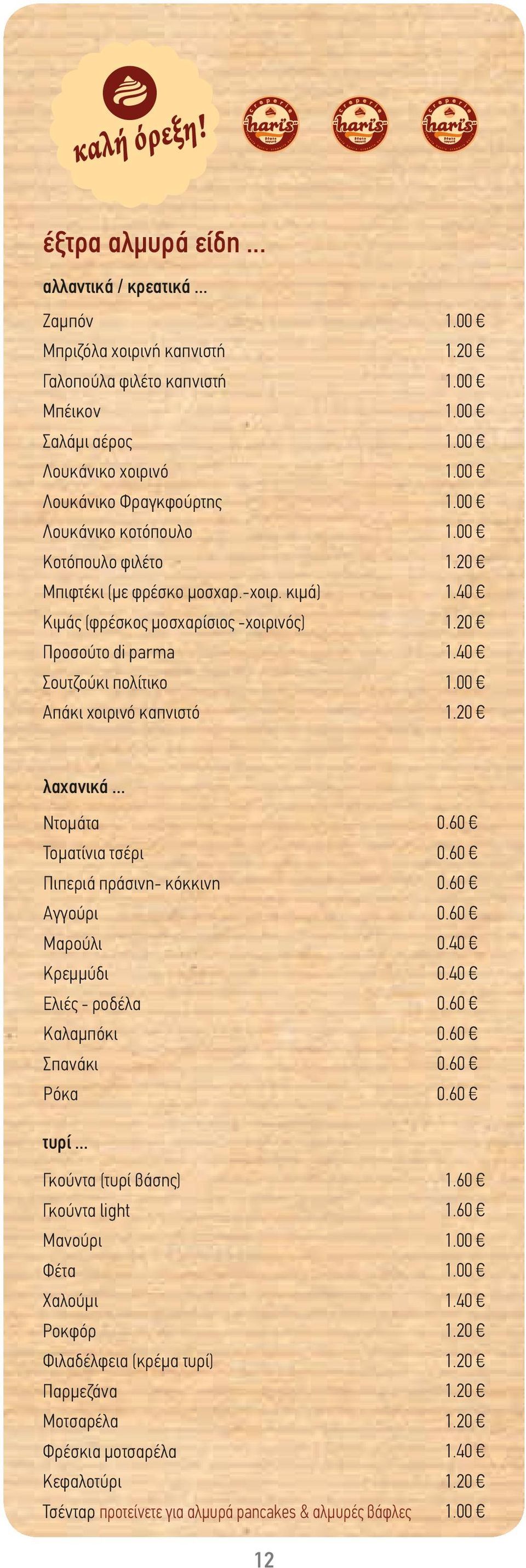 φρέσκο μοσχαρ.-χοιρ. κιμά) Κιμάς (φρέσκος μοσχαρίσιος -χοιρινός) Προσούτο di parma Σουτζούκι πολίτικο Απάκι χοιρινό καπνιστό 1.40 1.40 λαχανικά.