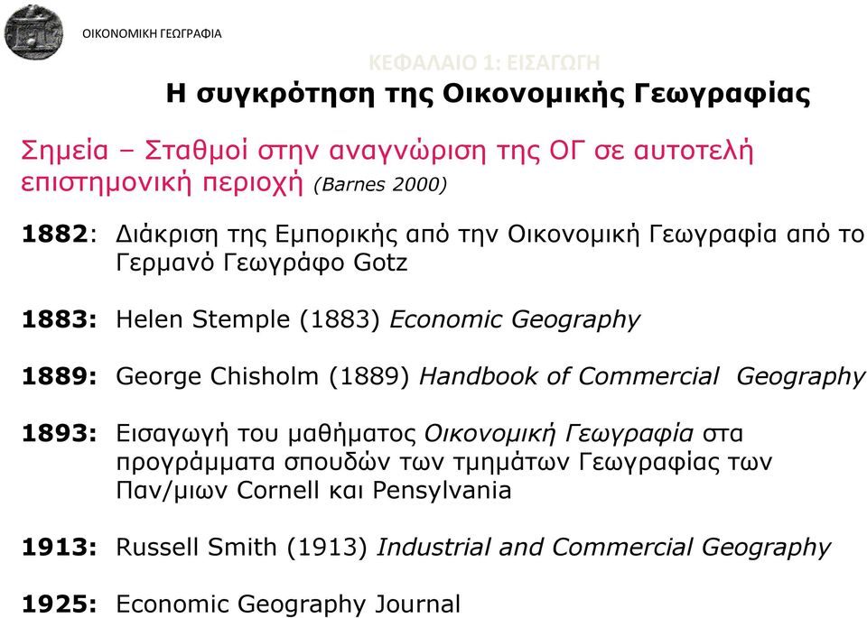 1889: George Chisholm (1889) Handbook of Commercial Geography 1893: Εισαγωγή του μαθήματος Οικονομική Γεωγραφία στα προγράμματα σπουδών των