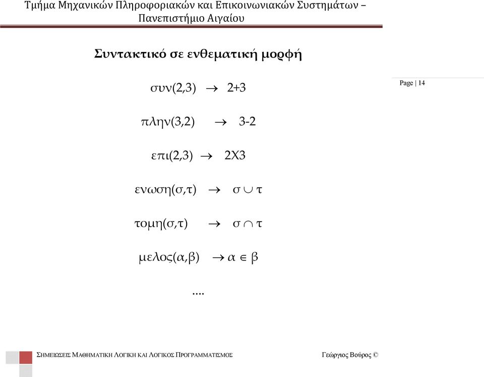 3-2 επι(2,3) 2Χ3 ενωση(σ,τ) σ τ τομη(σ,τ) σ τ μελος(α,β) α β.