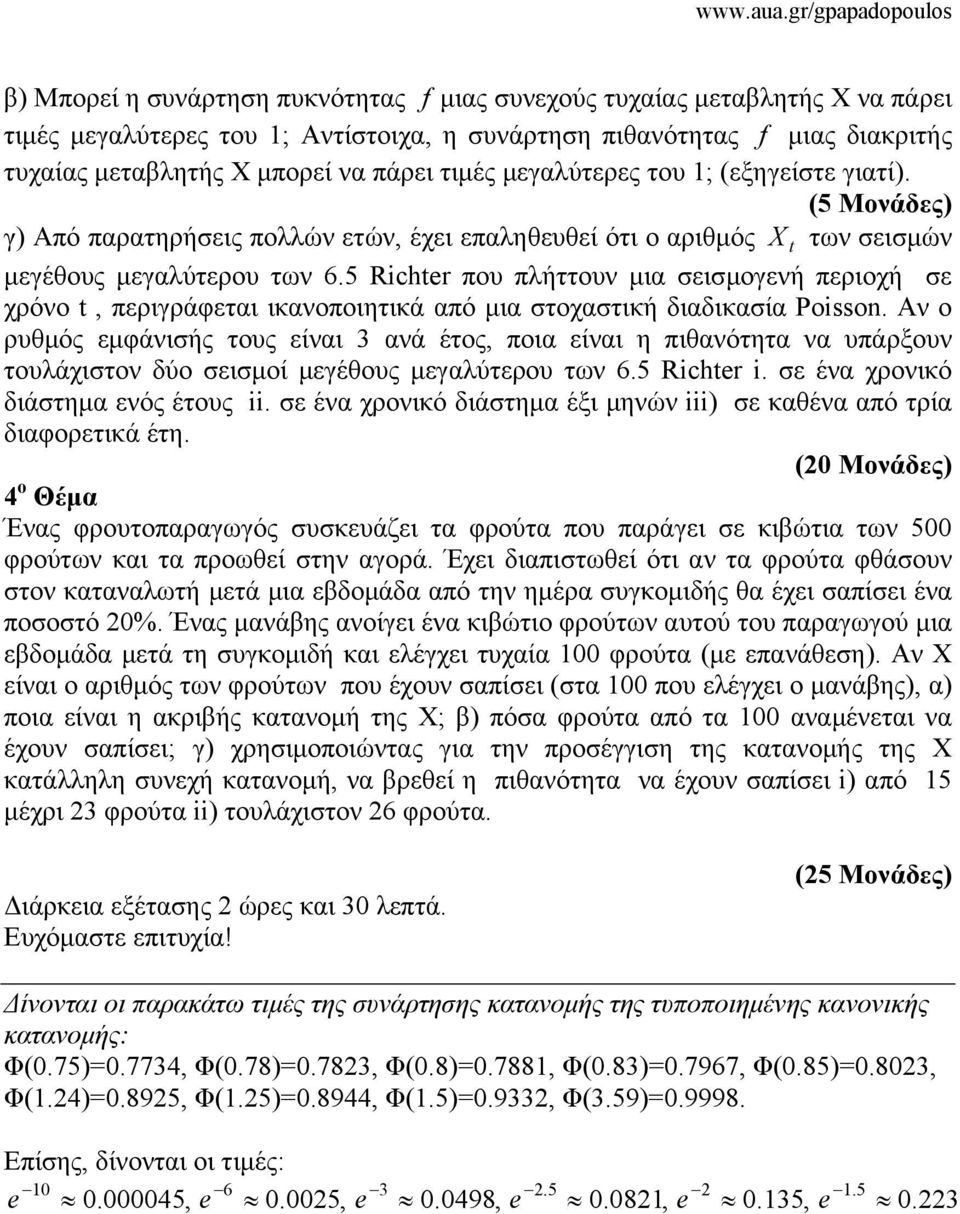 5 Richter που πλήττουν μια σεισμογενή περιοχή σε χρόνο t, περιγράφεται ικανοποιητικά από μια στοχαστική διαδικασία Poisson.