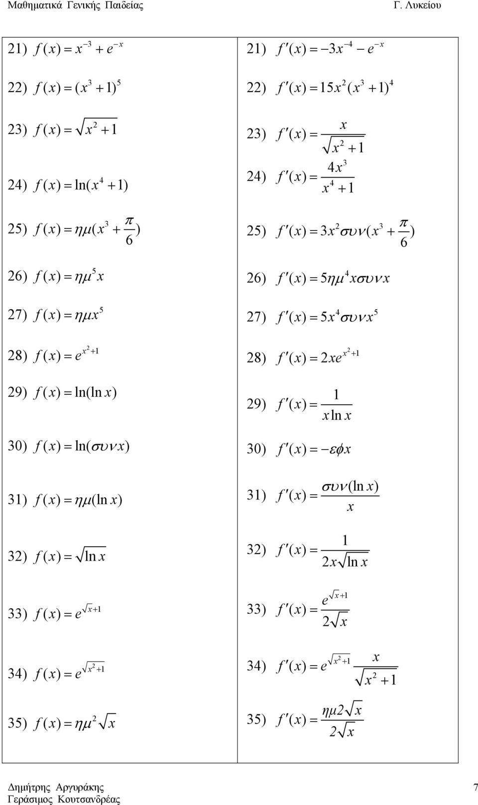 8) ( ) + 8) ( ) + 9) ( ) ln(ln ) 9) ( ) ln 0) ( ) ln( συν ) 0) ( ) εφ ) ( ) ημ(ln ) )