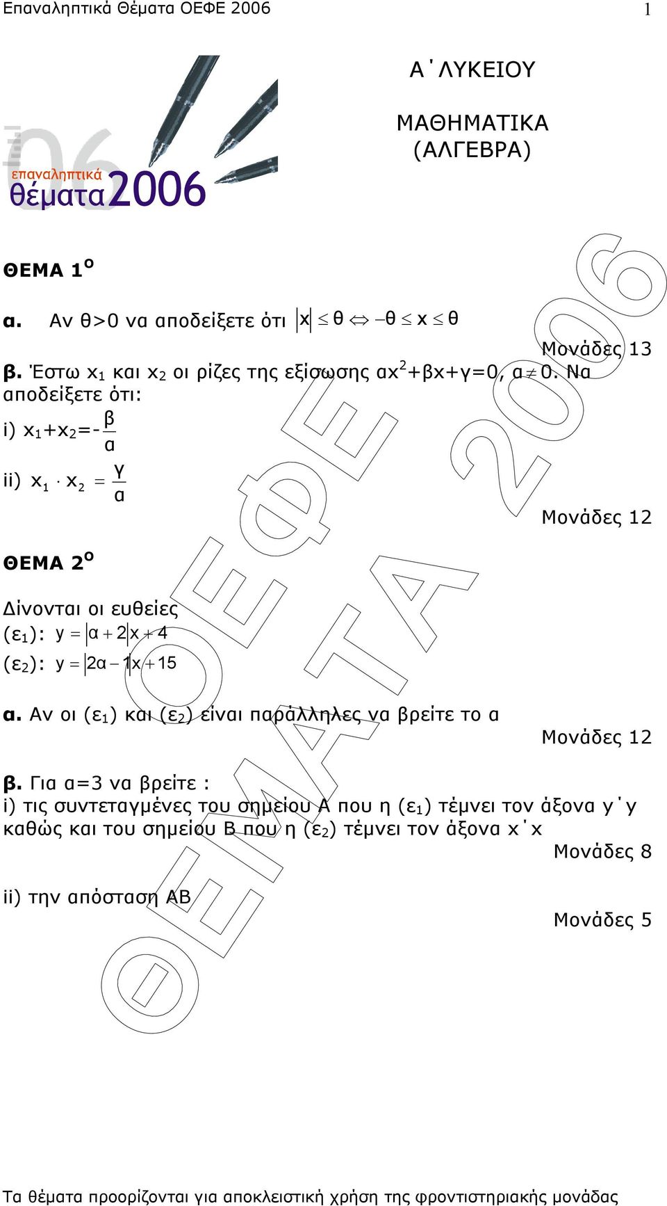 Να αποδείξετε ότι: i) x +x =- α β ii) x x = ΘΕΜΑ Ο γ α ίνονται οι ευθείες (ε ): y = α+ x+ 4 (ε ): y = α x + 5 α.