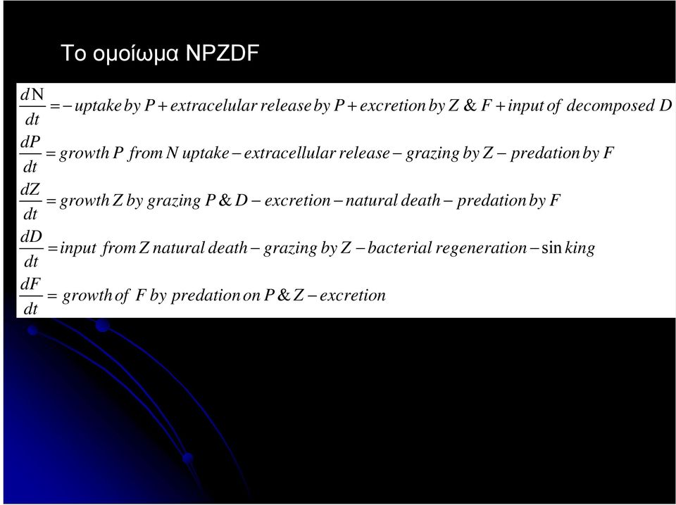 Z by grazing P & D excretion natural death predation by F dt dd input from Z natural death