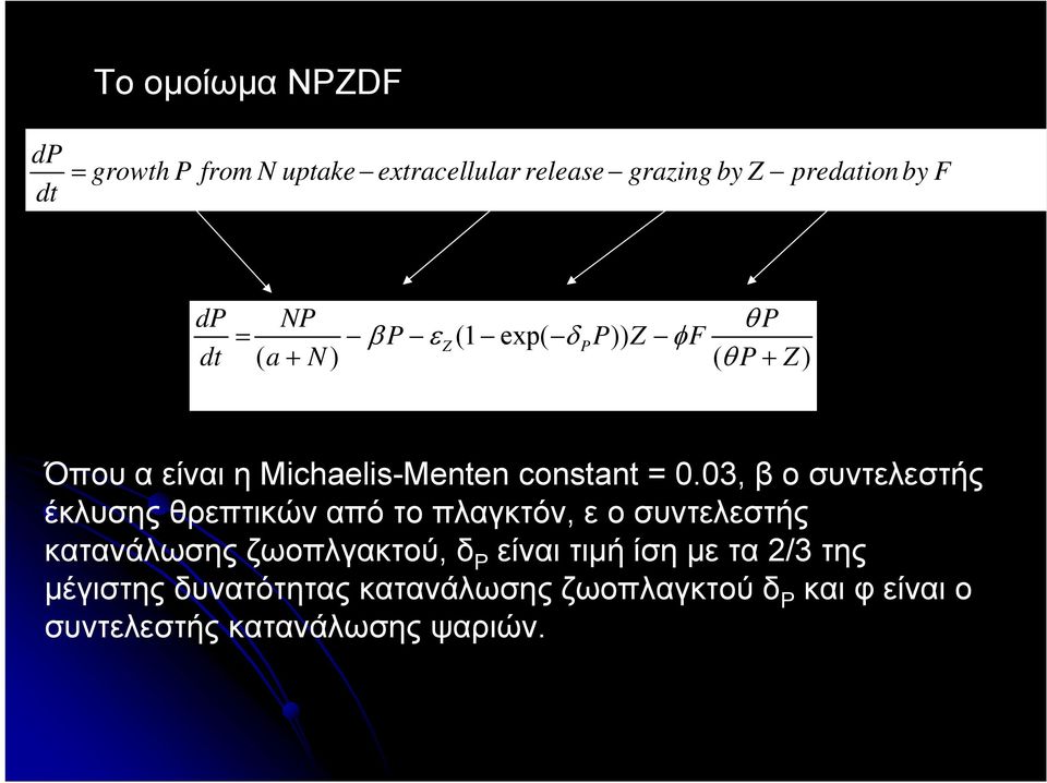 03, β οσυντελεστής έκλυσης θρεπτικών από το πλαγκτόν, ε οσυντελεστής κατανάλωσης ζωοπλγακτού, δ Ρ