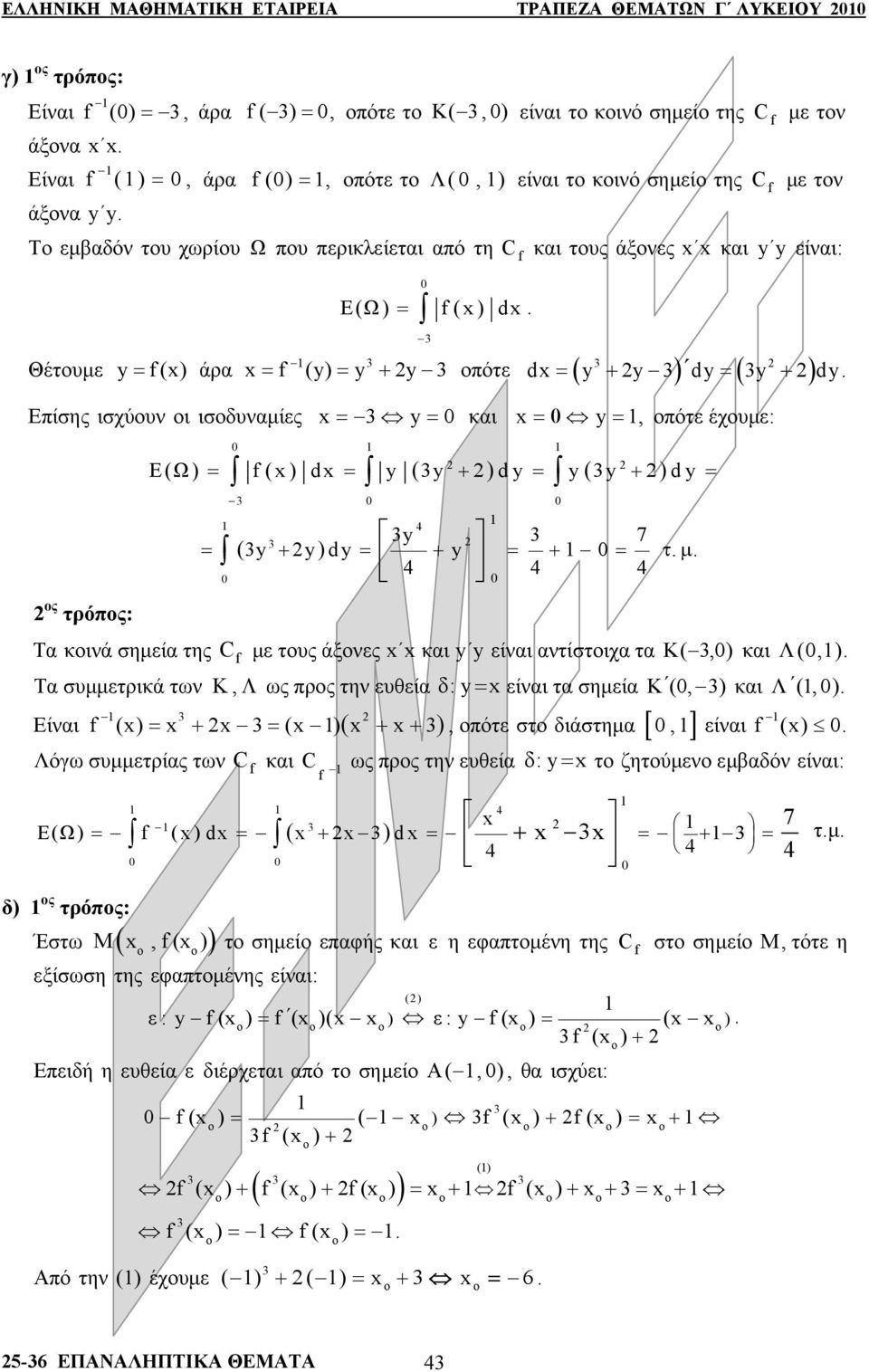 έχυμε: ς τρόπς: Ε (Ω ) () d y y dy y y dy = = ( + ) = ( + ) = 4 y 7 = ( y + y) dy = + y = + = τ μ 4 4 4 Τ κινά σημεί της C με τυς άξνες κι y y είνι ντίστιχ τ Κ(,) κι Λ(,) Τ συμμετρικά των Κ, Λ ως πρς